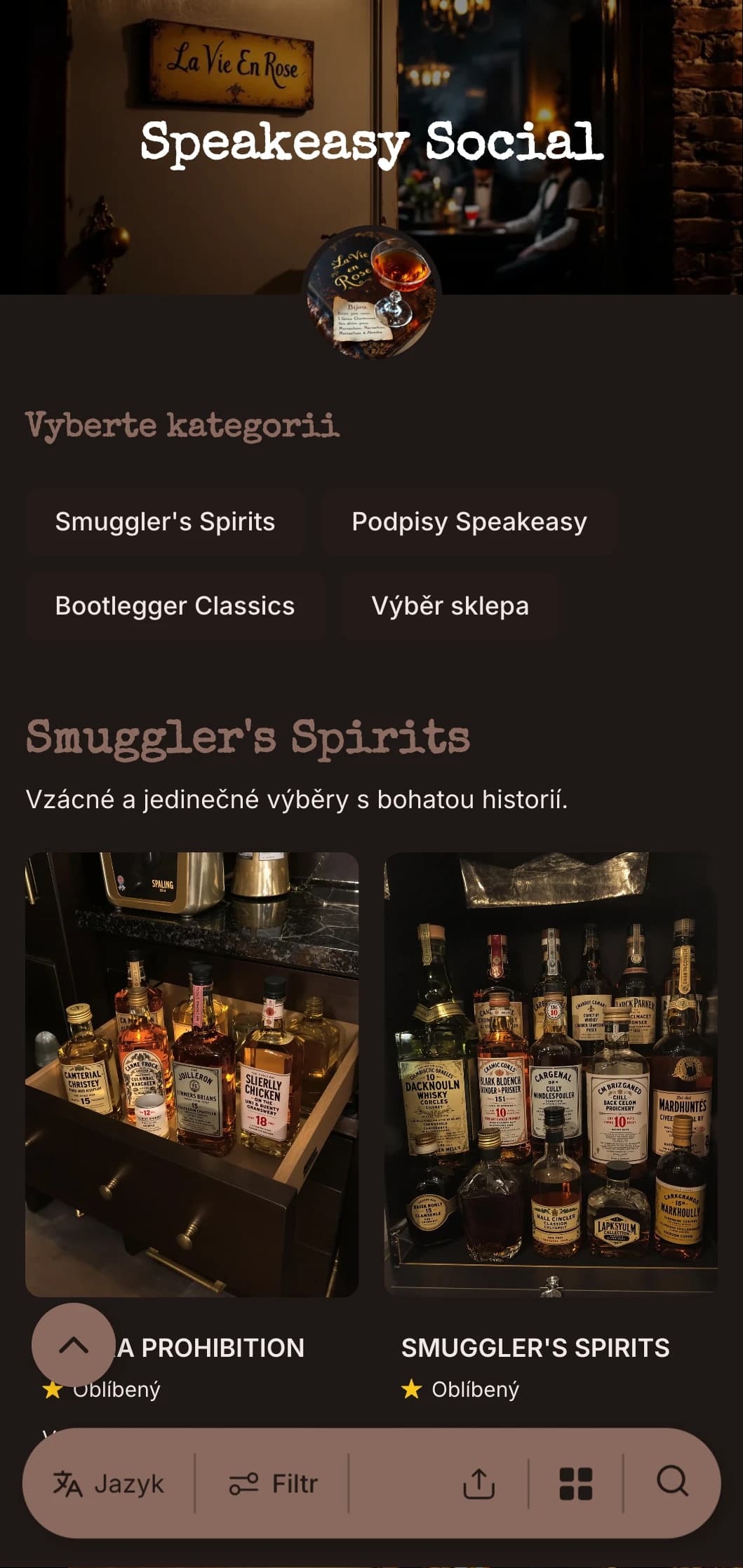 Temný, tajemný design s prvky vintage psacího stroje pro skryté koktejlové bary.