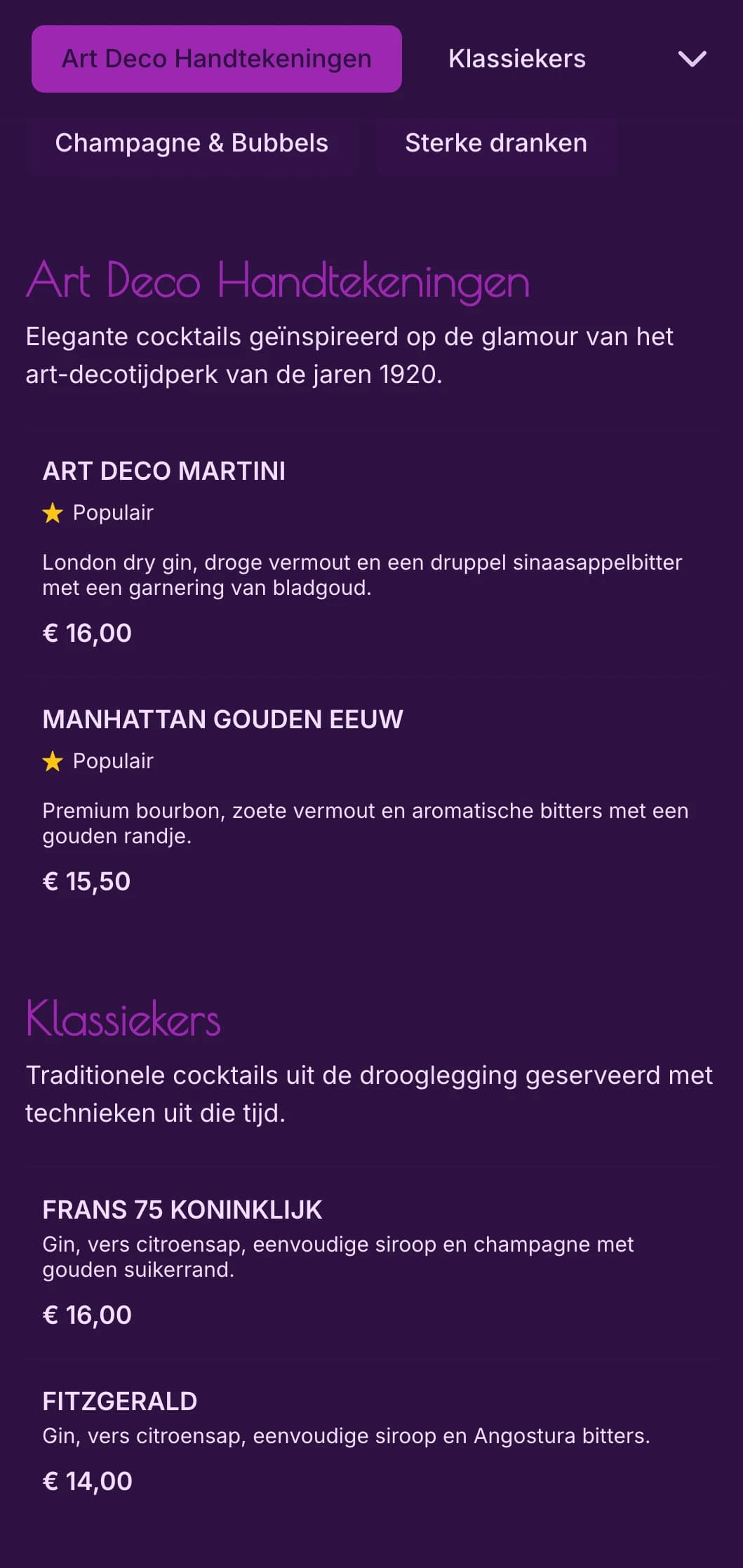 Elegant paars en goudkleurig ontwerp geïnspireerd op art deco uit de jaren 1920 voor chique cocktaillounges.