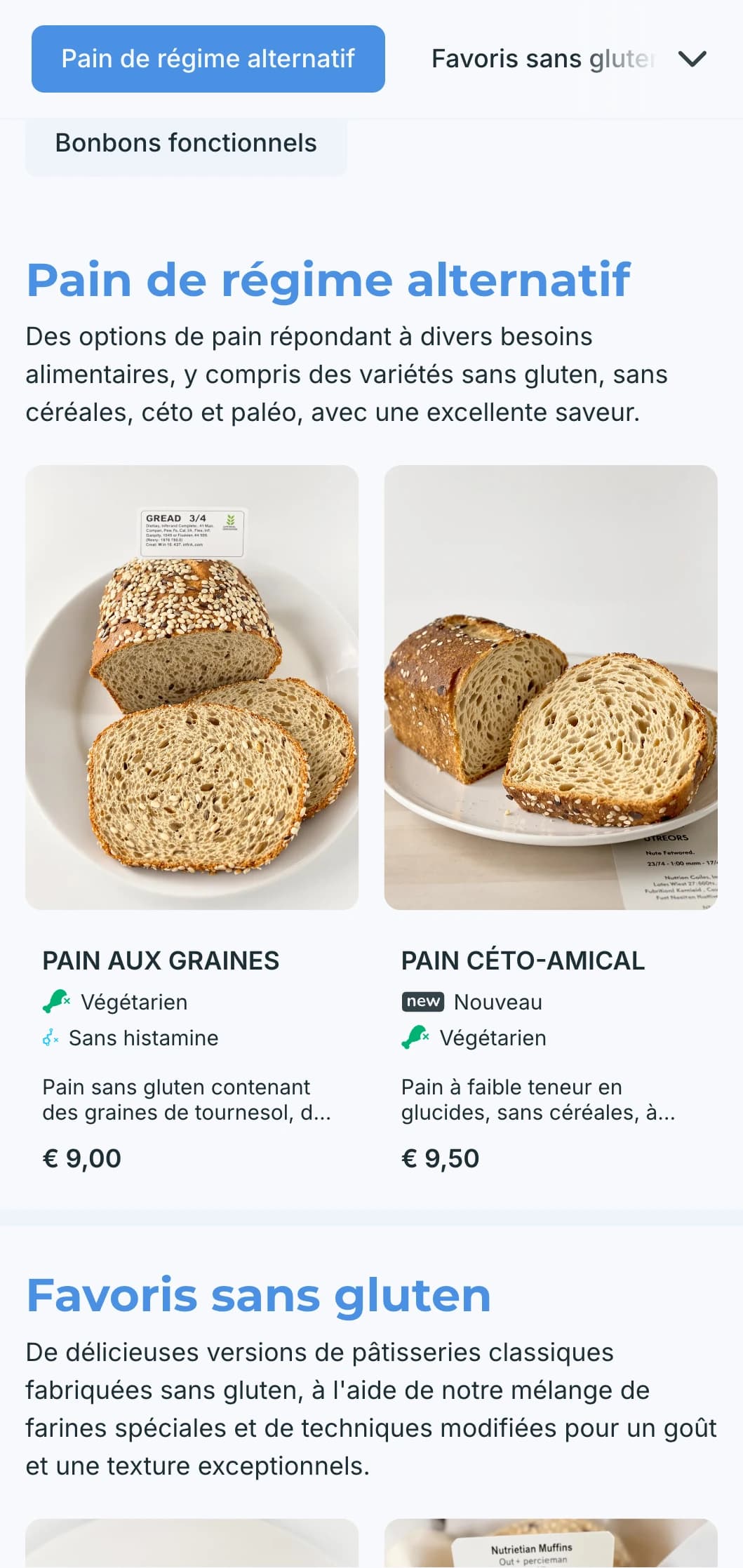 Un menu de boulangerie frais et contemporain avec des tons bleus et une typographie claire, parfait pour les boulangeries soucieuses de leur santé et les pâtisseries modernes.