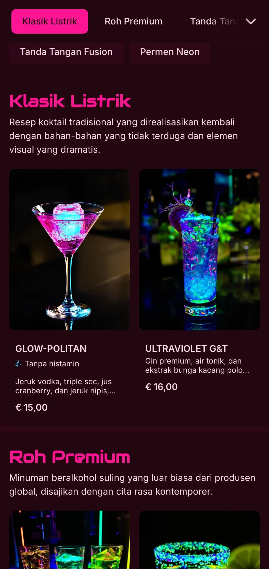 Desain yang berani dan semarak untuk bar koktail kontemporer dan klub malam yang menampilkan warna neon dan tipografi yang dinamis.