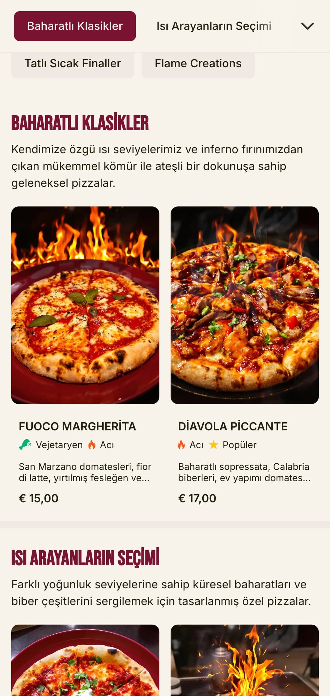 Baharatlı pizza uzmanları için cesur tipografi ve canlı renklere sahip yüksek enerjili pizza menüsü.
