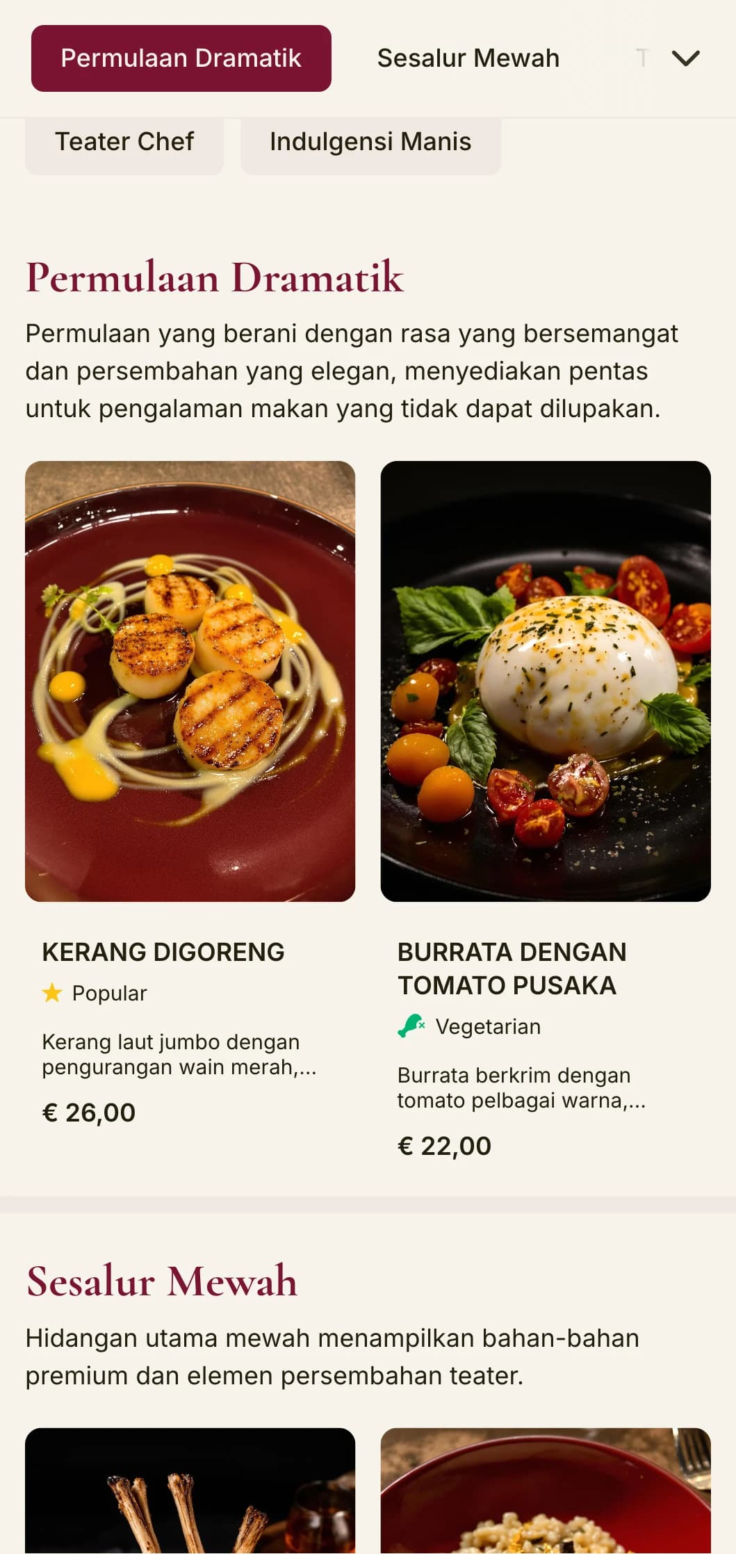 Menu makan malam yang berani dan dramatik yang menampilkan rona merah pekat dan elemen mewah, direka untuk tempat makan kelas atas dengan bakat teater.