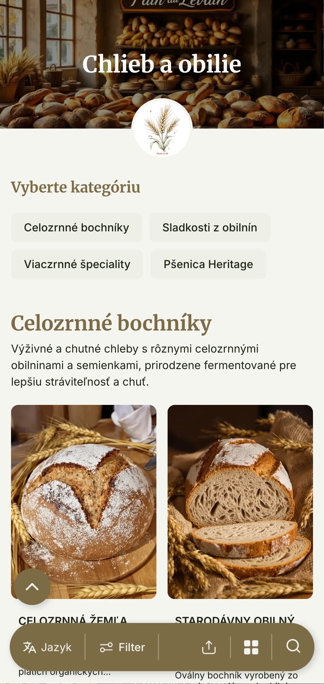 Rustikálny dizajn jedálneho lístka pekárne zameraný na obilniny s tónmi pšenice a tradičnou typografiou, ideálny pre remeselné pekárne a špecialistov na celozrnné pečivo.