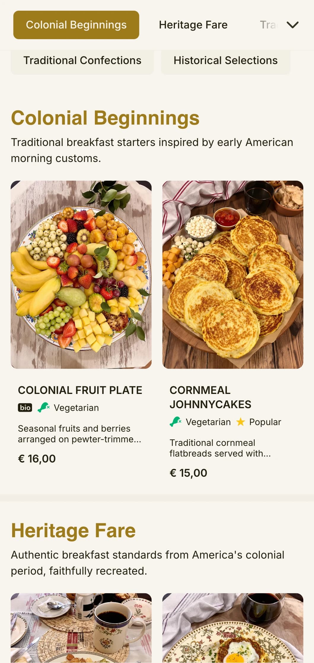 Traditional breakfast selections inspired by colonial cuisine, presented with refined historical elements.