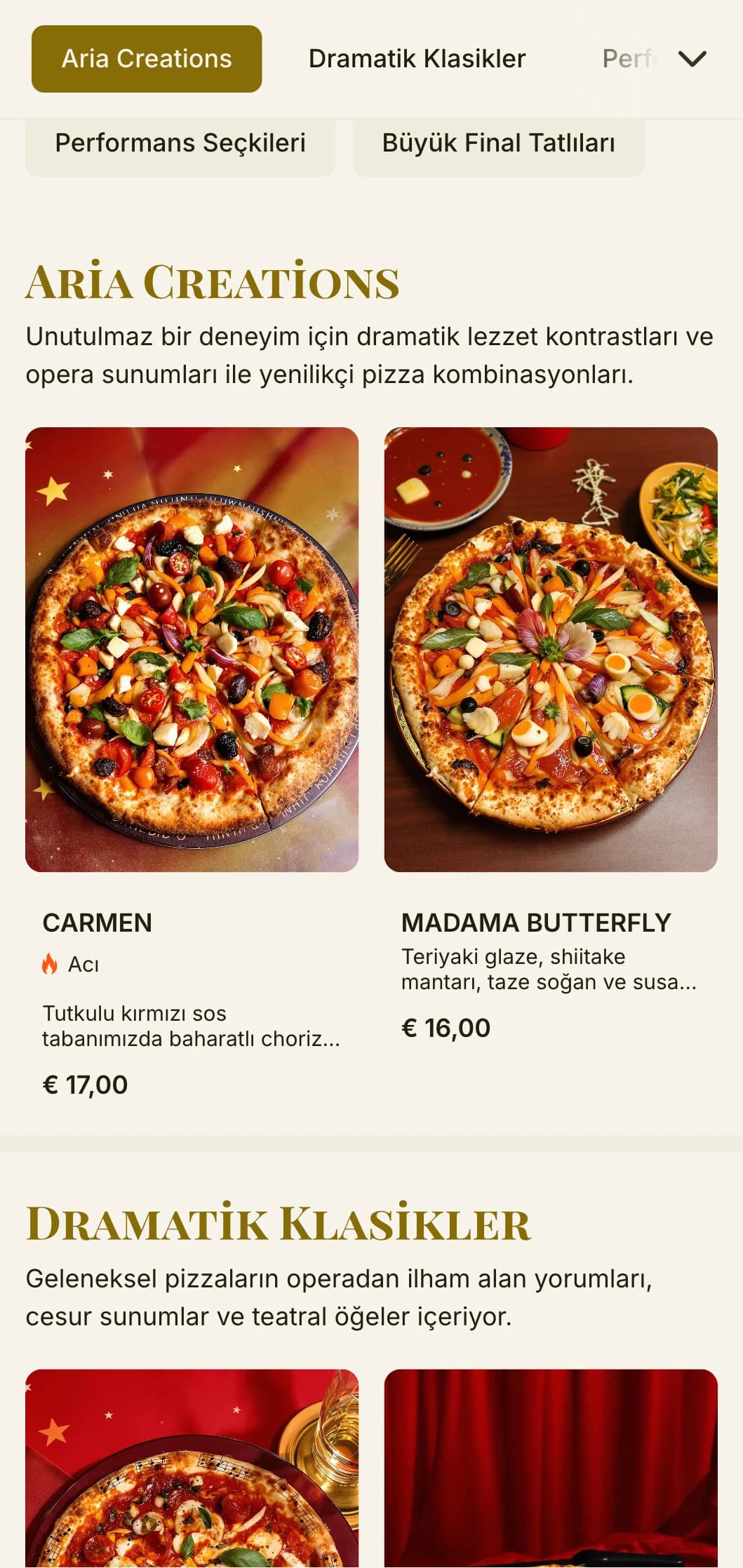 Dramatik görsel hiyerarşi ile İtalyan operasından ilham alan teatral pizza menüsü.