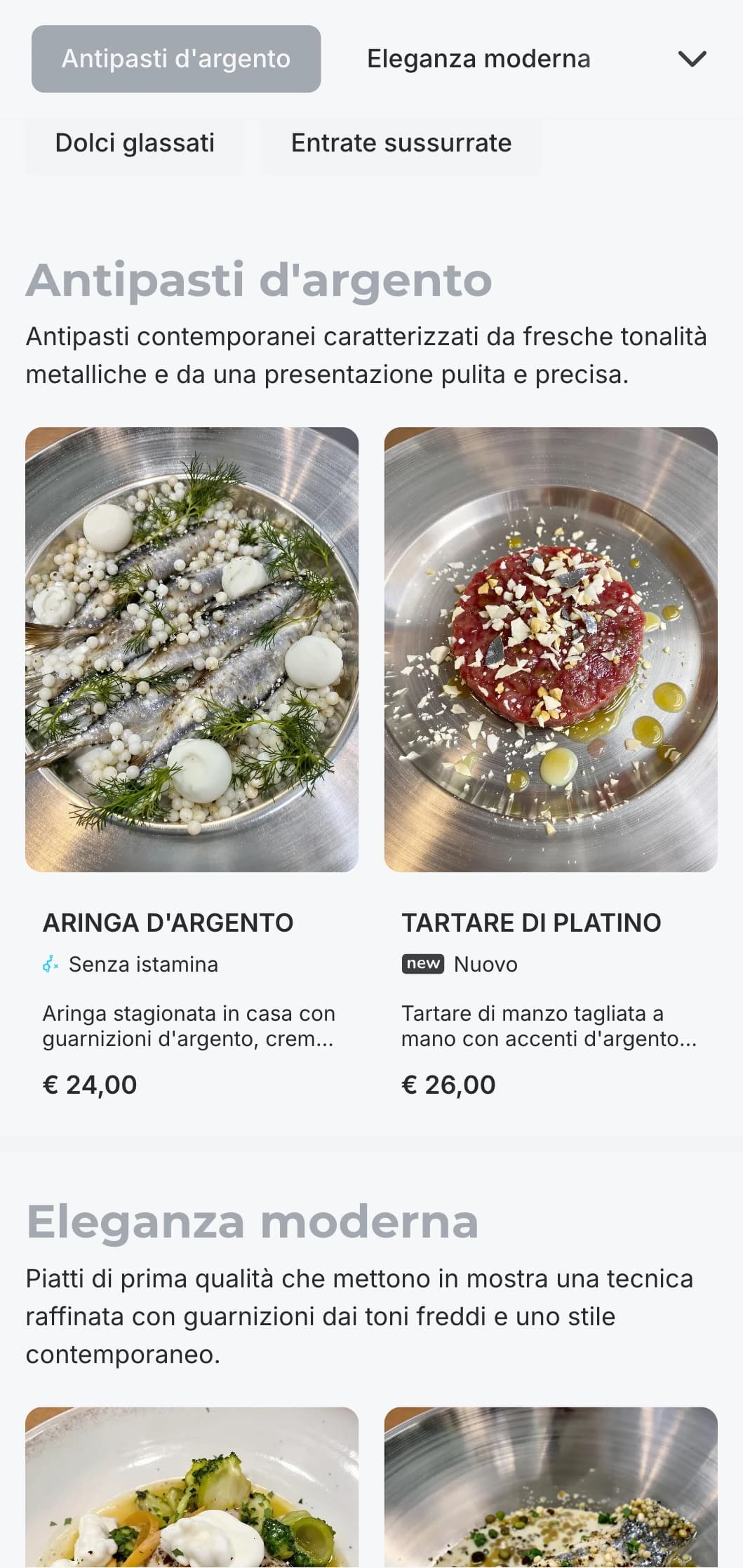 Un concetto moderno e sofisticato con toni freddi dell'argento e sottili elementi di lusso per un'esperienza di sobria eleganza.