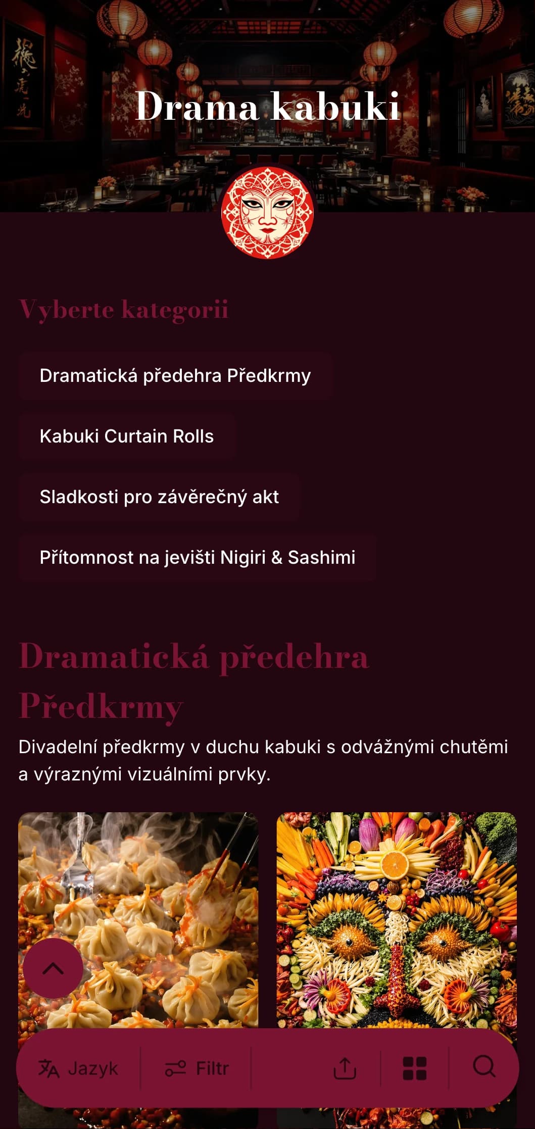 Divadelní sushi menu inspirované tradičním kabuki s dramatickými červenými a černými kontrasty.