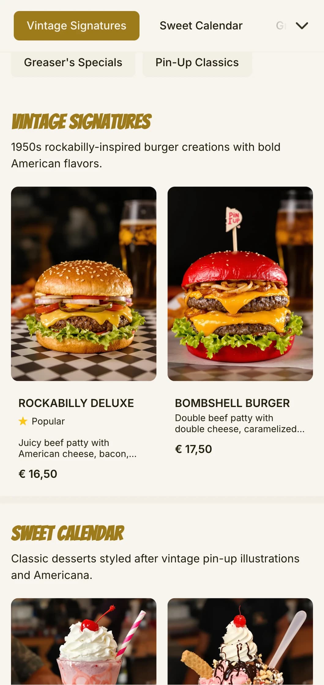 Rockabilly inspired burger joint with vintage pin-up art and 1950s nostalgia.