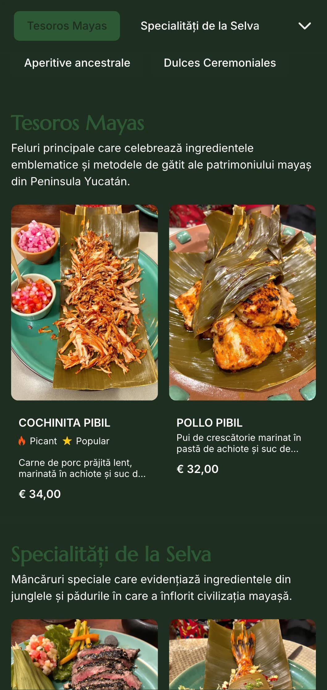 Meniu misterios și elegant inspirat de cultura mayașă, cu accente de verde jad, simbolism antic și specialități din Peninsula Yucatán.