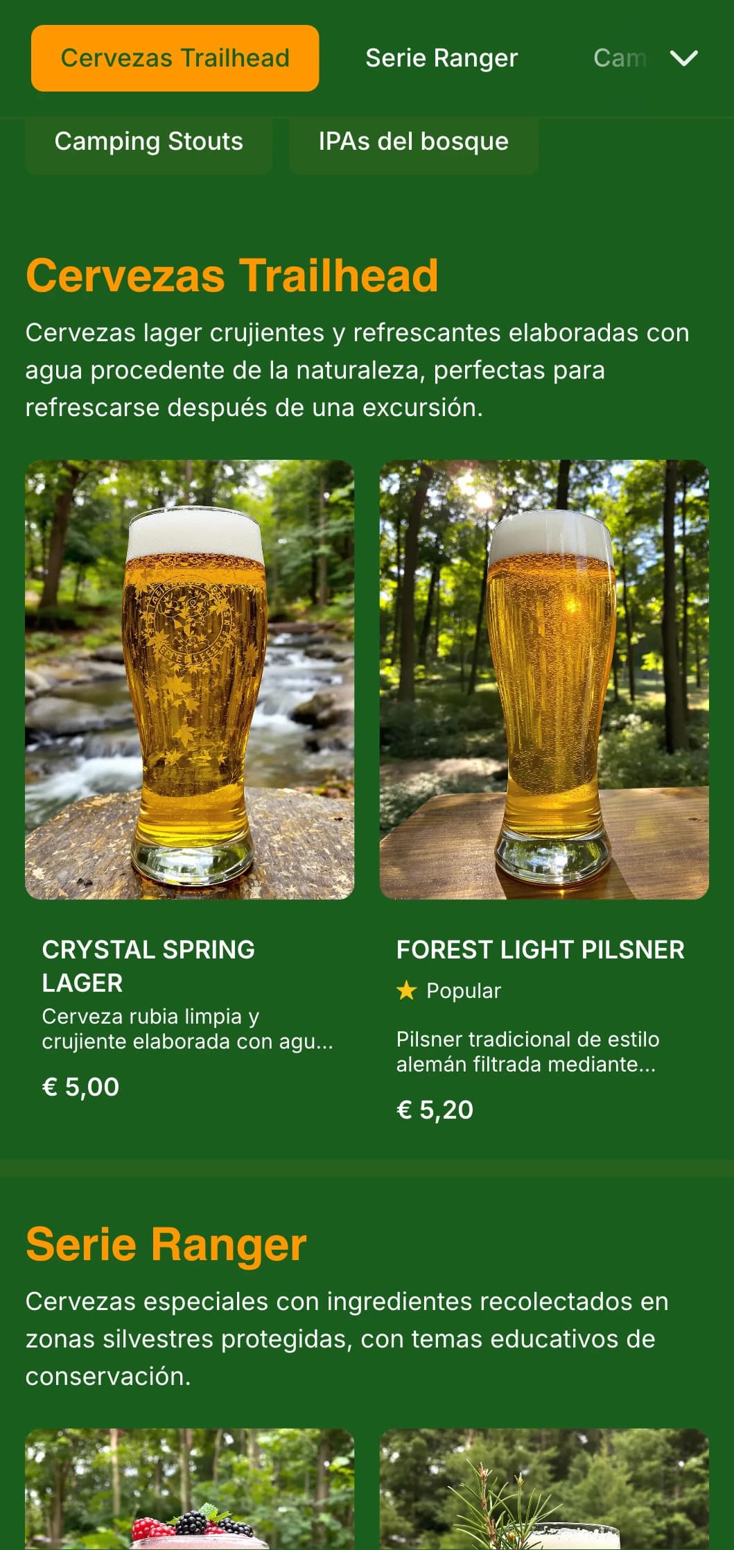 Diseño natural y terroso inspirado en los bosques profundos, con ricos verdes y elementos boscosos para cervecerías temáticas de naturaleza.