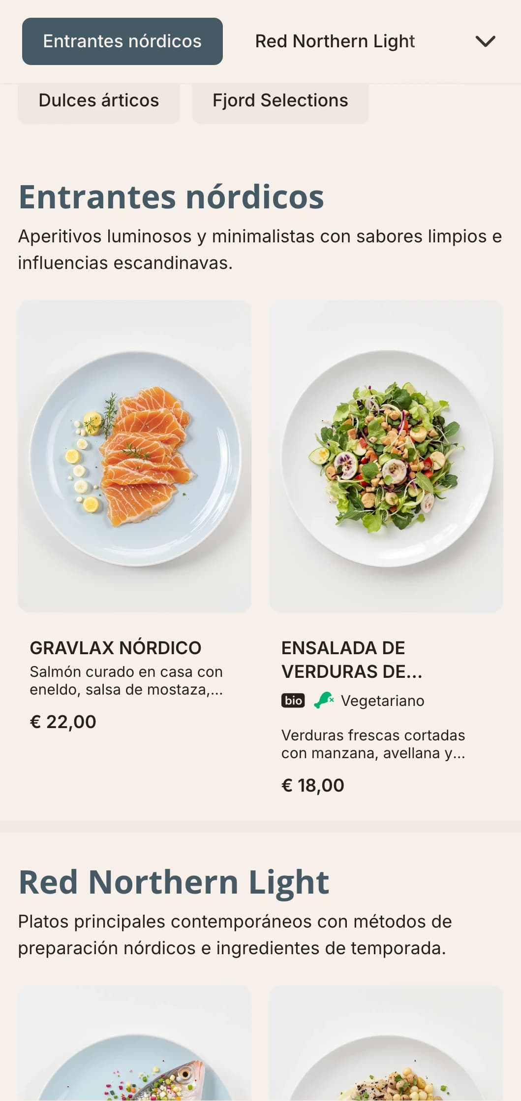 Un menú luminoso y limpio con influencias escandinavas y toques de azul pálido, perfecto para la cocina de inspiración nórdica.