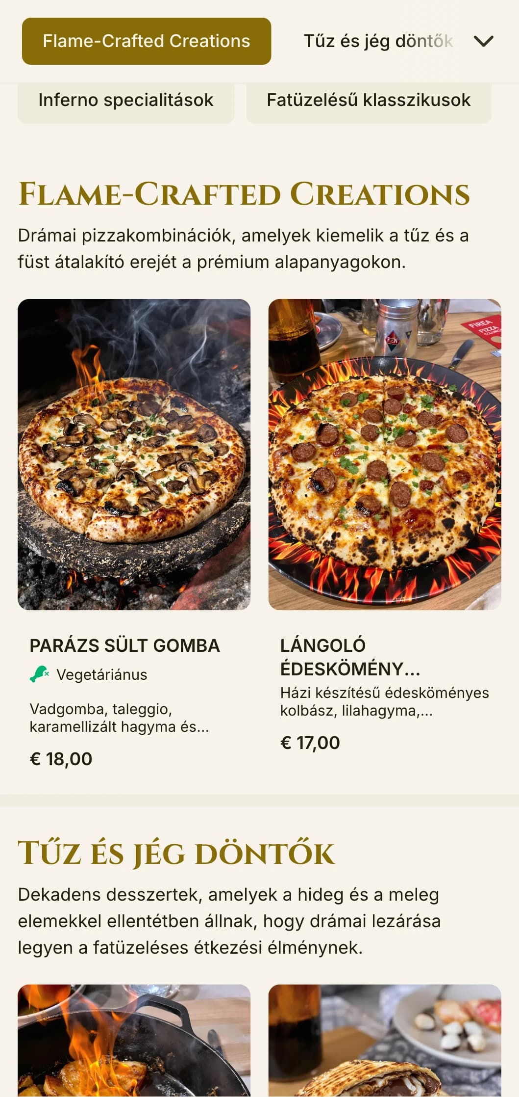 Drámai pizzamenü gazdag színekkel és merész tipográfiával a fatüzelésű szakemberek számára.