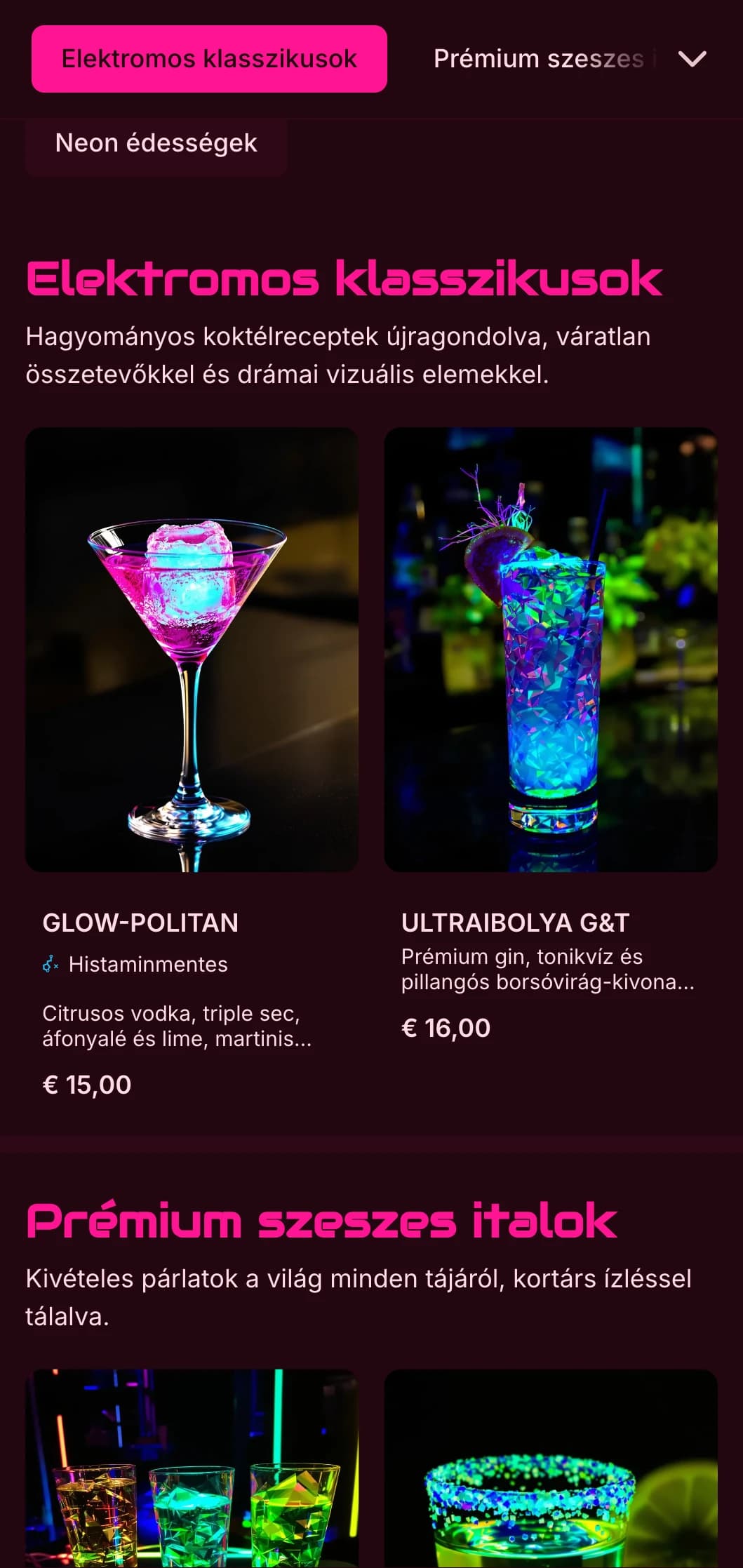 Merész, vibráló design kortárs koktélbárok és éjszakai klubok számára, neon színekkel és dinamikus tipográfiával.