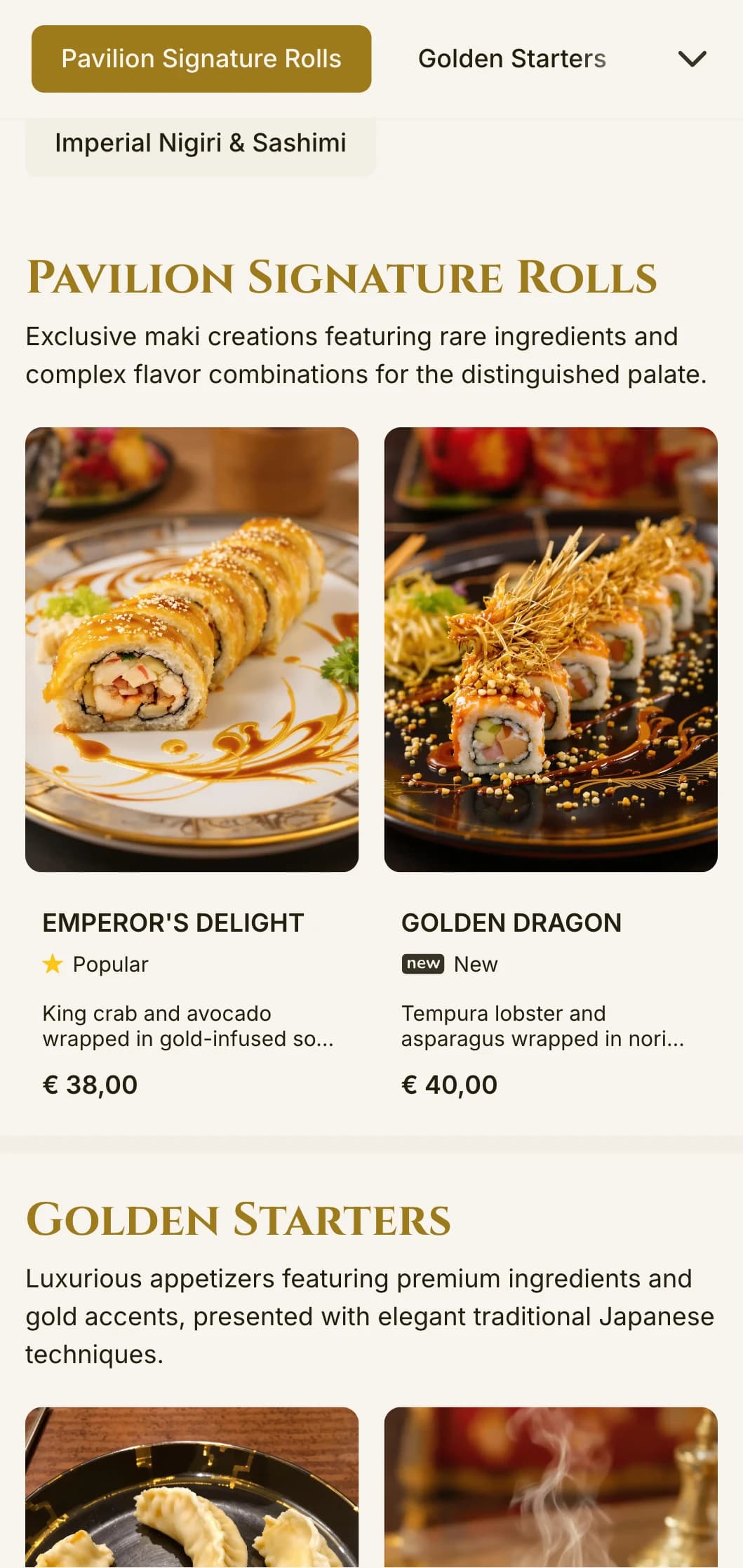 Luxurious gold-accented sushi menu inspired by Kyoto's famous temple, featuring elegant typography and traditional elements.