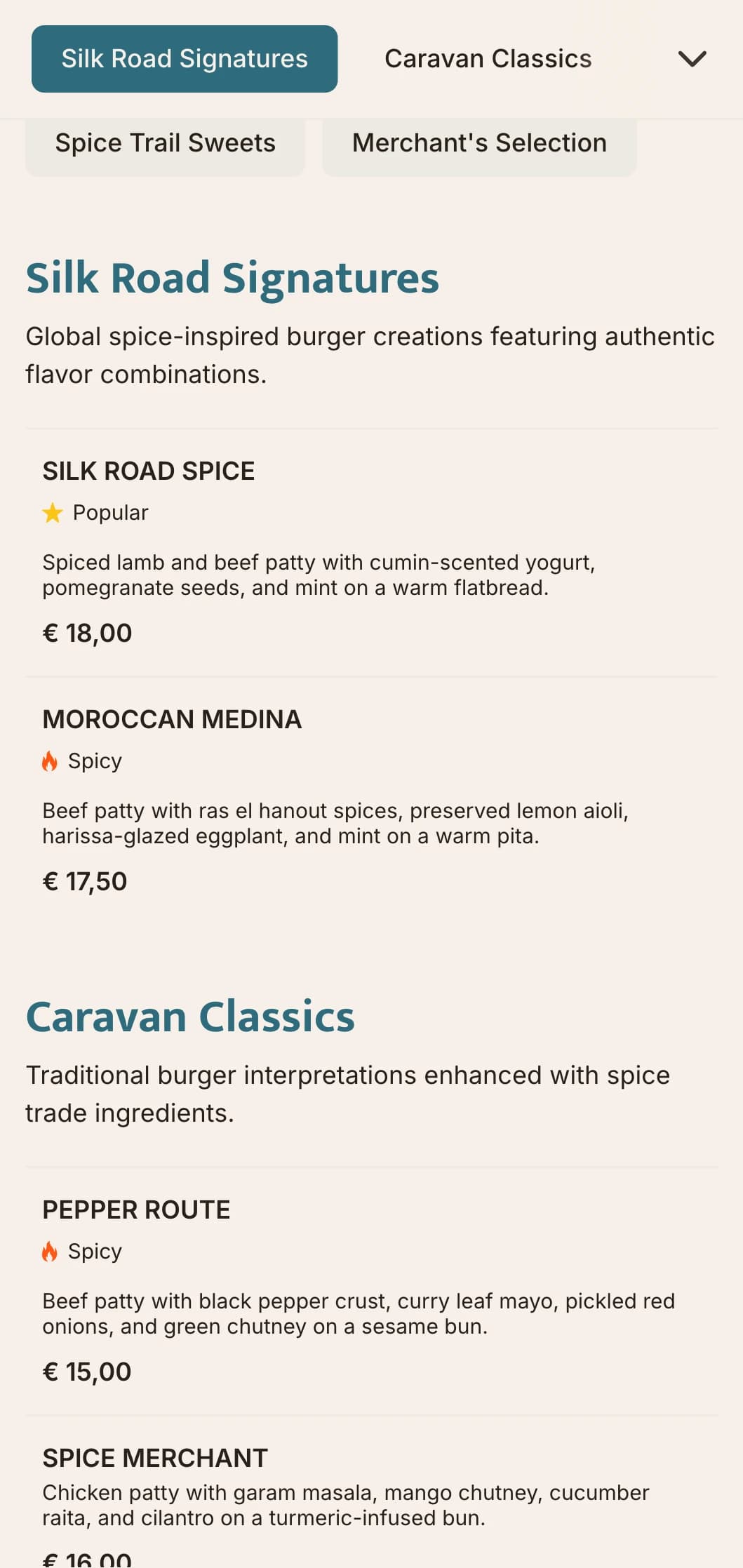 Spice trade inspired burger menu featuring global flavor profiles and historical references.