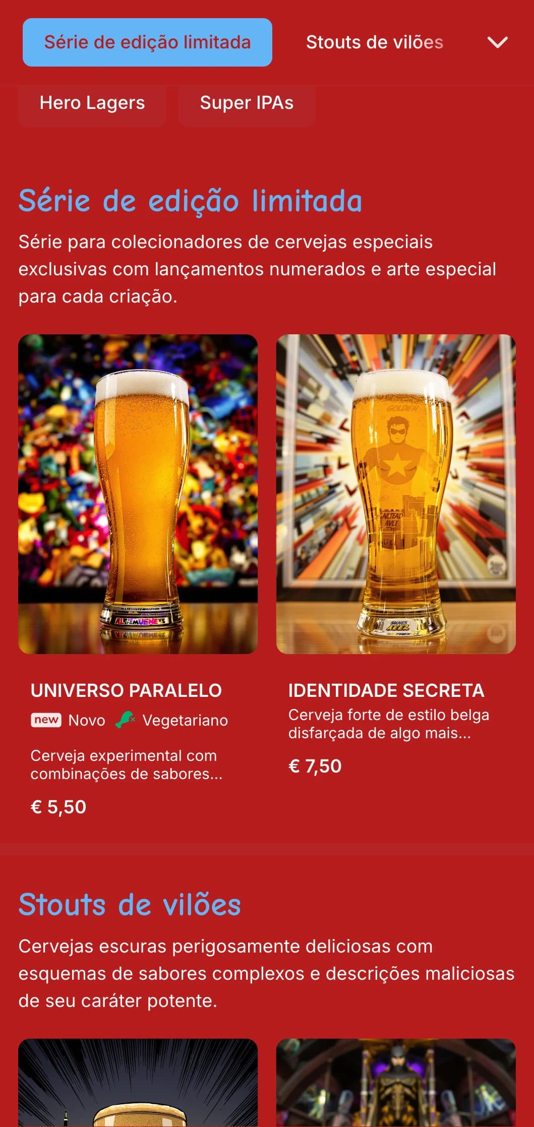 Design vibrante e divertido inspirado em histórias em quadrinhos, com cores fortes e elementos gráficos para estabelecimentos temáticos de cerveja.