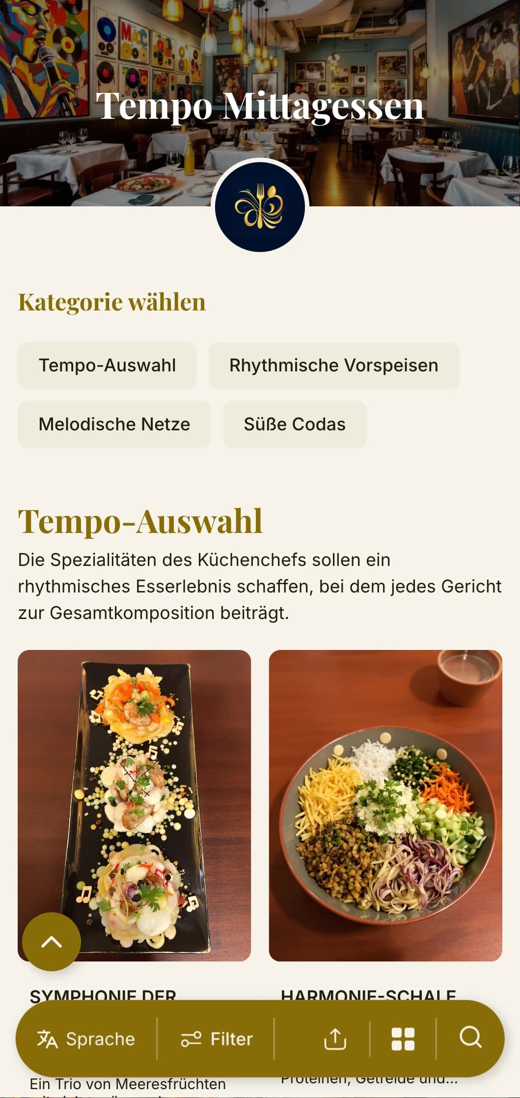 Dynamisches, vom Rhythmus inspiriertes Design der Mittagskarte mit musikalischen Elementen und fließendem Layout, ideal für Restaurants in der Nähe von Theatern und kulturellen Einrichtungen.