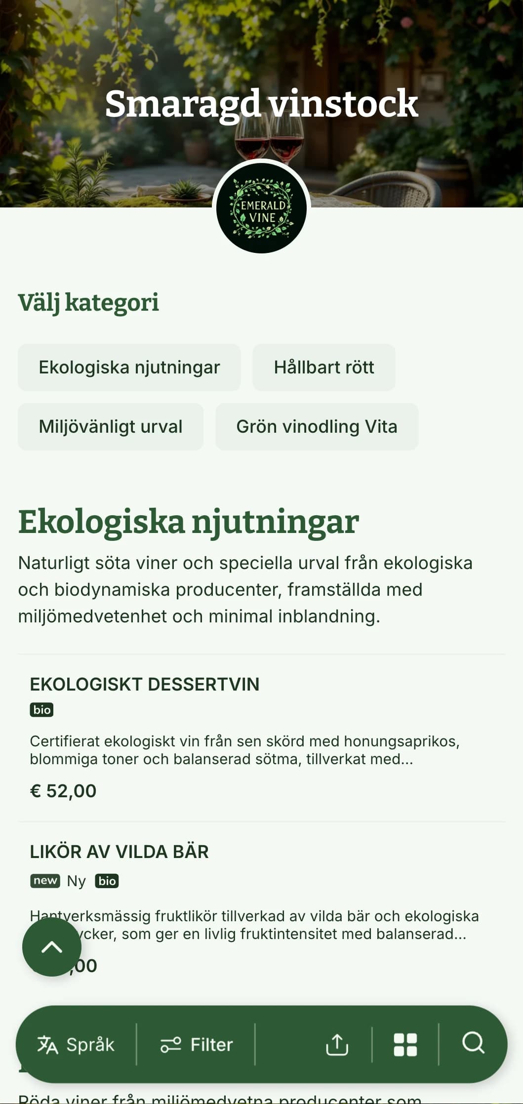 Frodig mall för vinlista med grönt tema med botaniska element och naturliga texturer, perfekt för ekologiska vinutbud och trädgårdsrestauranger.