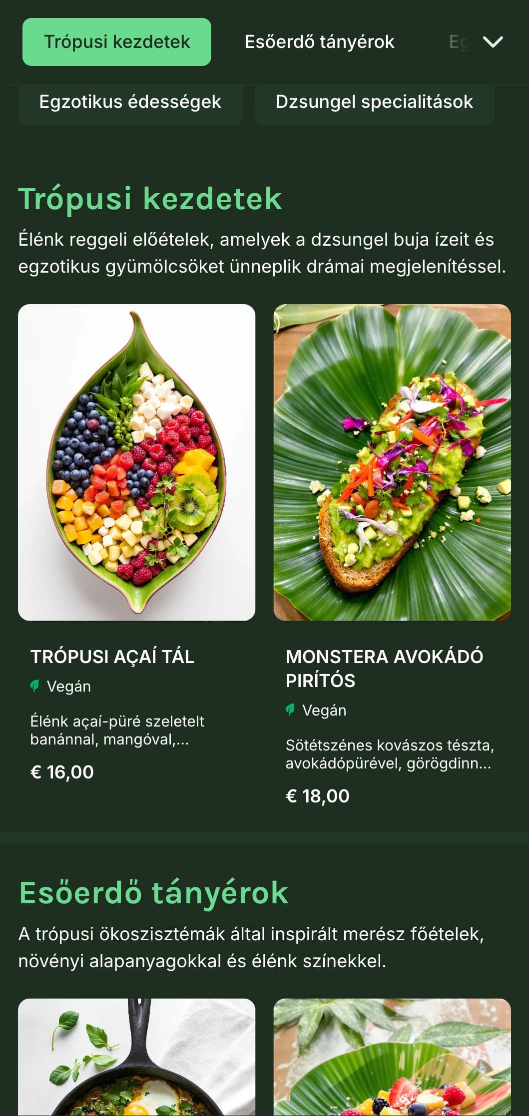 Élénk zöld sablon trópusi elemekkel, tökéletes növényi alapú kávézók és egzotikus brunch ajánlatok számára.