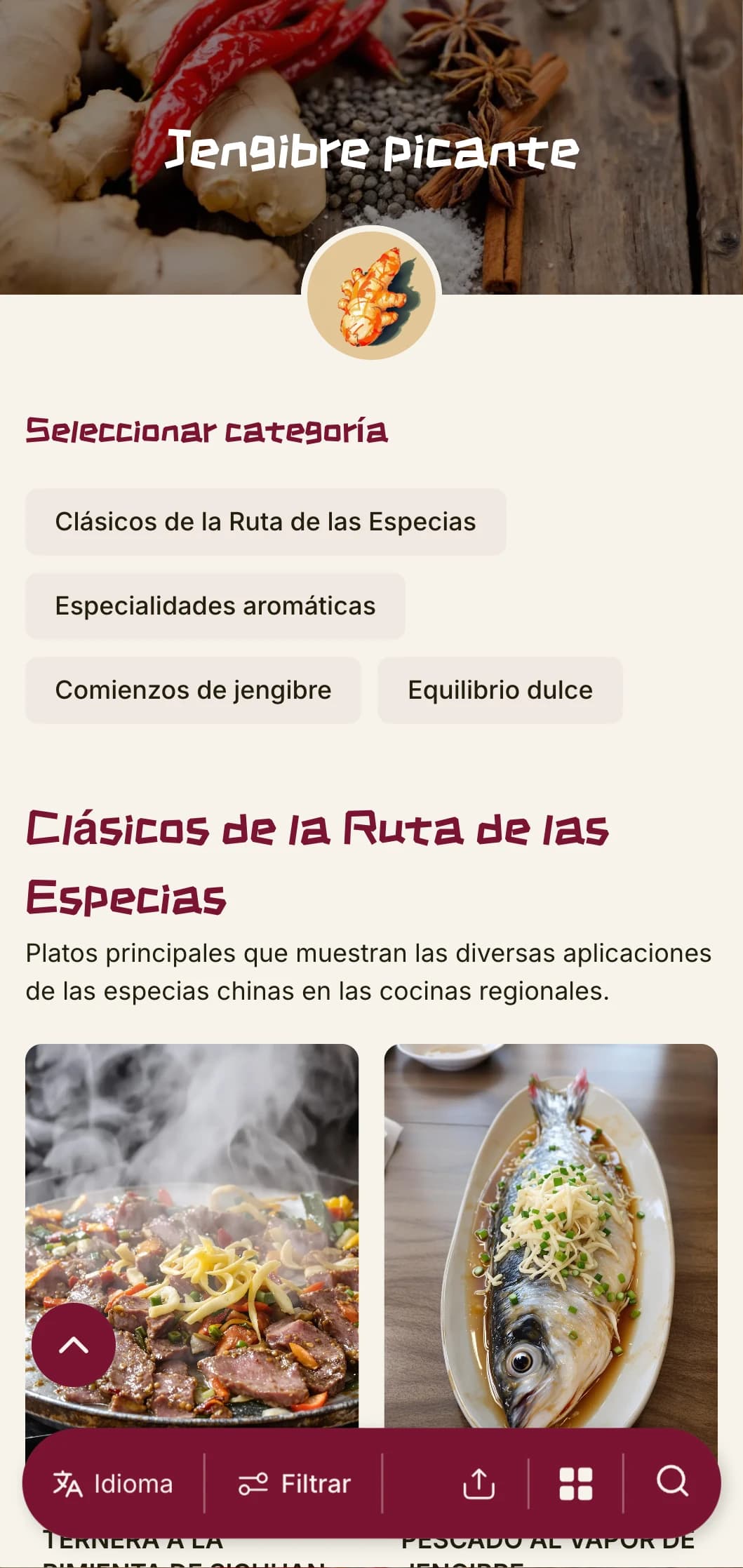 Vibrante diseño del menú chino inspirado en las tradiciones del jengibre y las especias, con elementos atrevidos para una auténtica cocina regional.