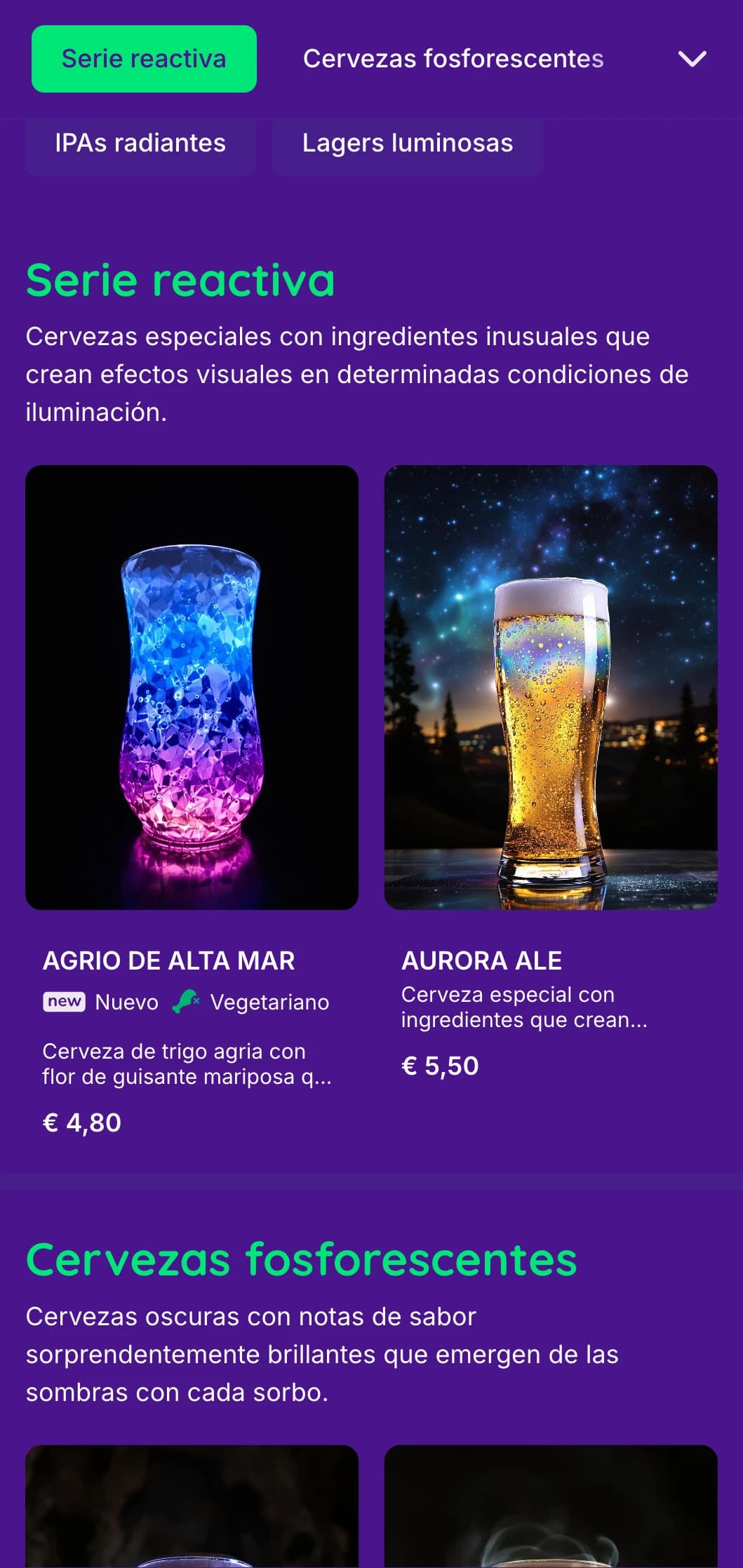 Diseño etéreo y mágico con elementos brillantes y fondos profundos, perfecto para experiencias únicas con cervezas especiales.