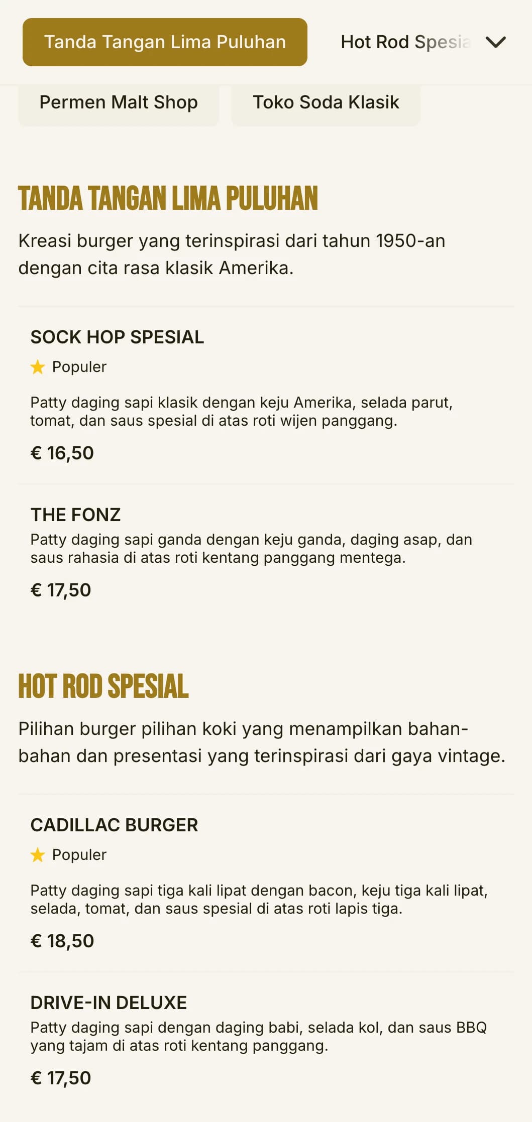 Kedai burger yang terinspirasi dari tahun 1950-an dengan pola kotak-kotak dan elemen kedai soda yang bernuansa nostalgia.