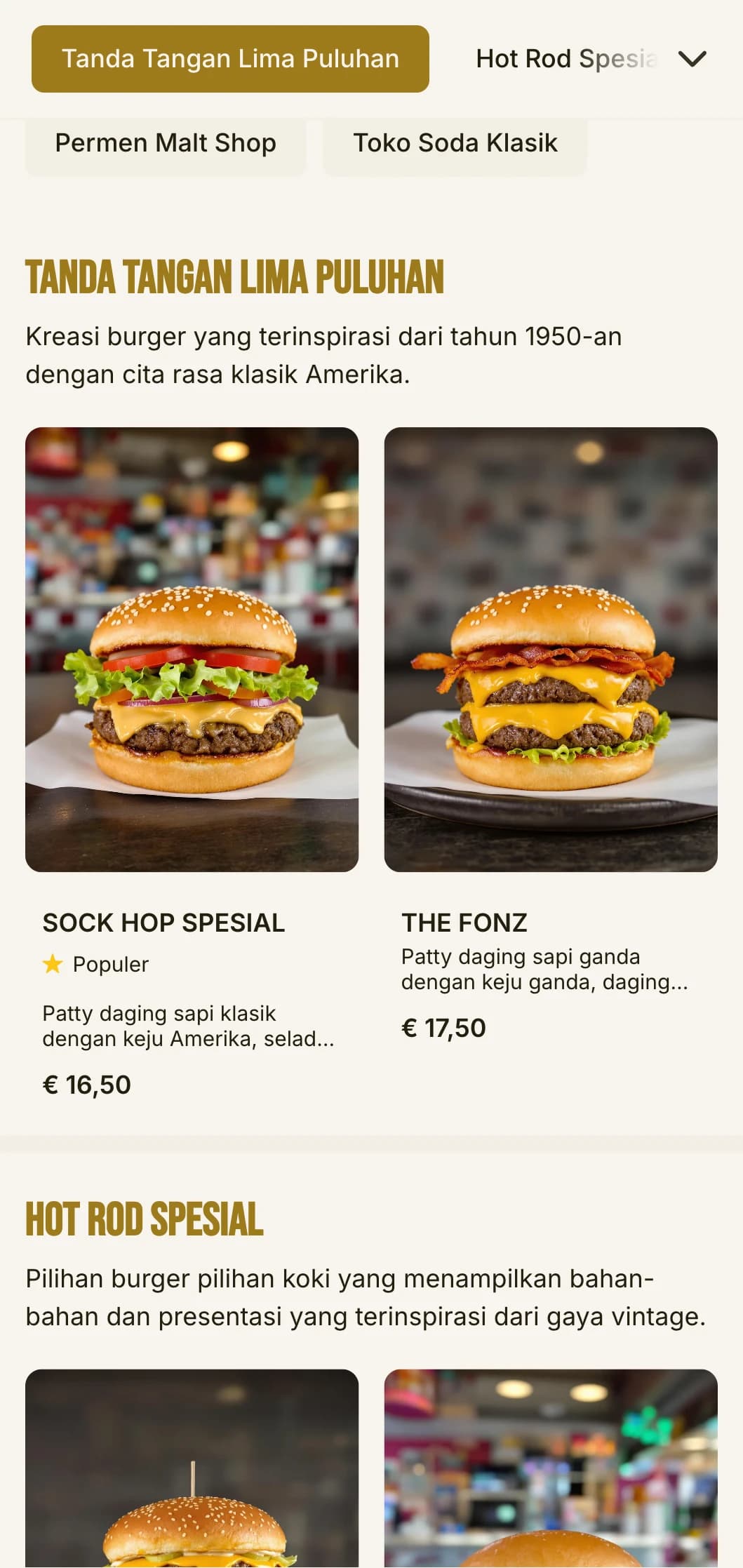 Kedai burger yang terinspirasi dari tahun 1950-an dengan pola kotak-kotak dan elemen kedai soda yang bernuansa nostalgia.