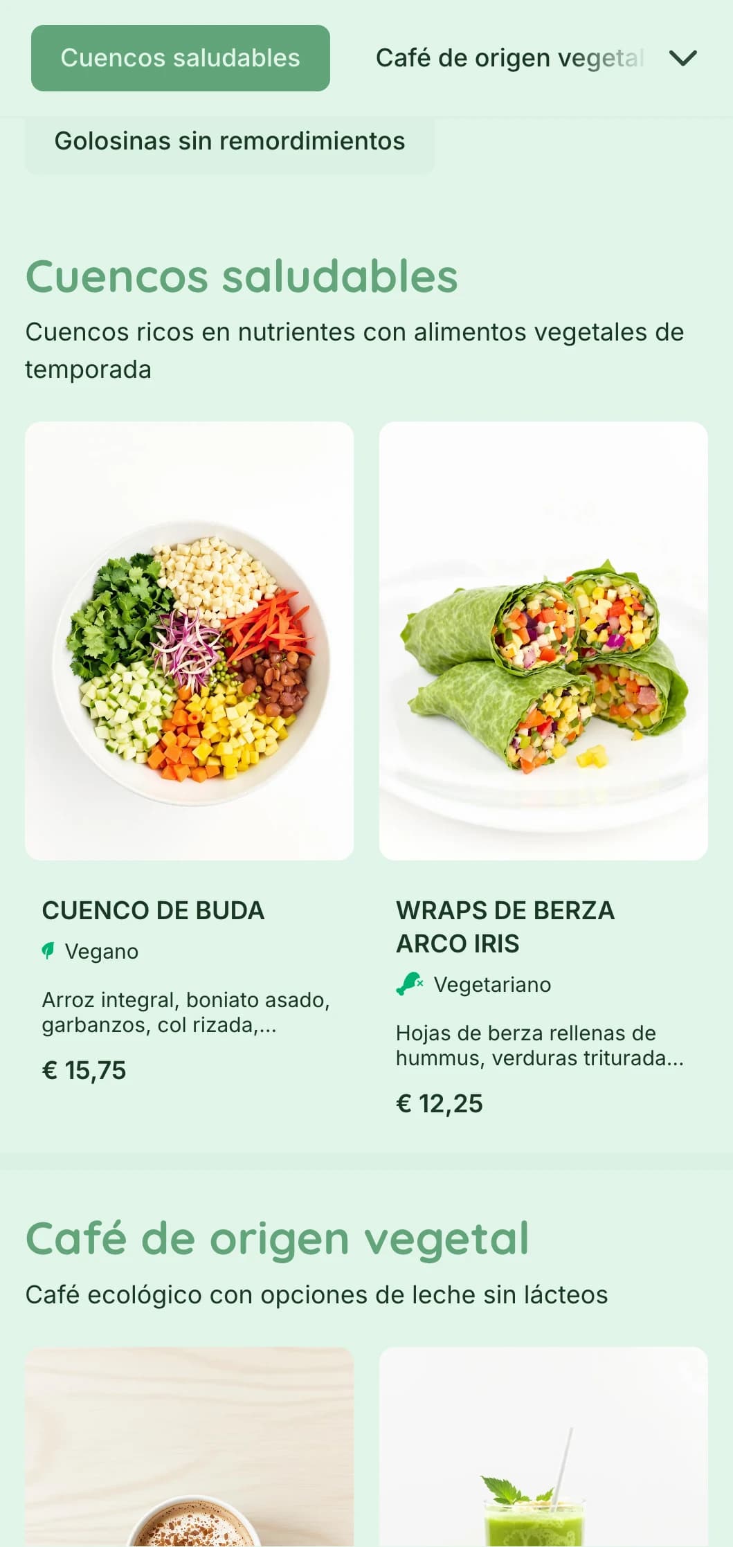 Un diseño verde y fresco que pone de relieve la oferta vegetal de cafeterías veganas y locales de comida sana.