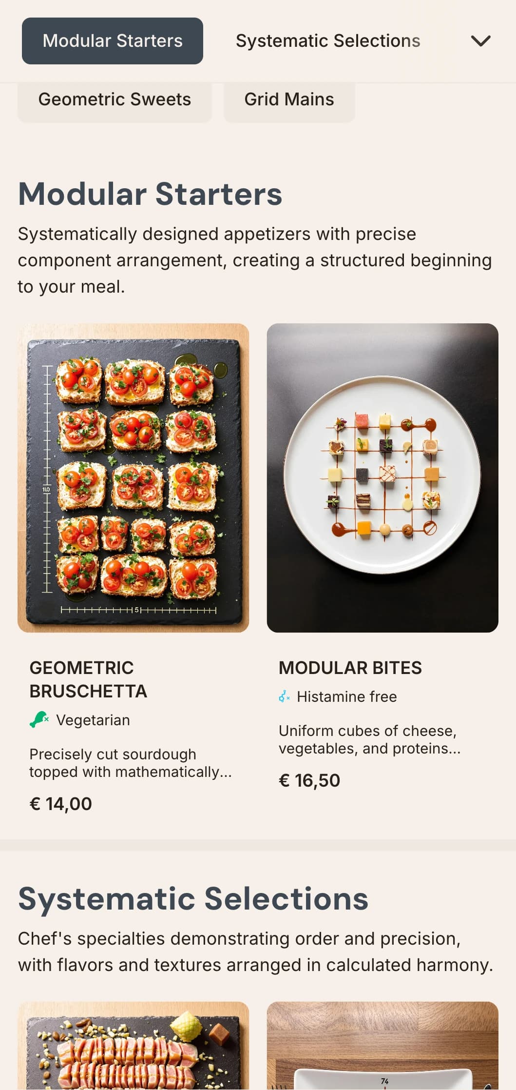 Structured, grid-based lunch menu design with mathematical precision and clean organization, ideal for design-focused restaurants and contemporary eateries.