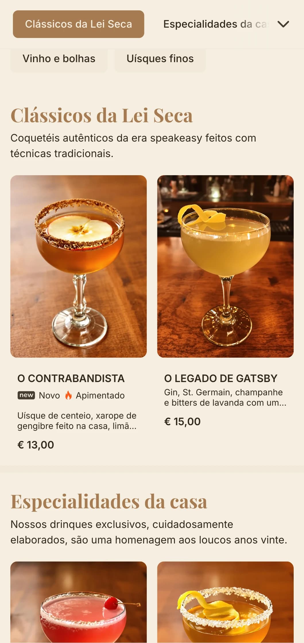 Design clássico inspirado na era da proibição, com tons marrons quentes e tipografia elegante.
