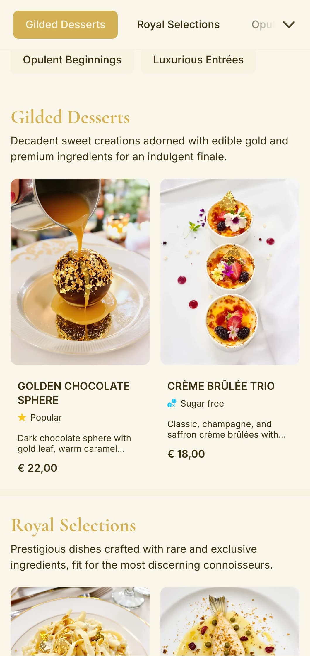 Opulent gold-themed design exuding luxury and exclusivity, perfect for high-end establishments and special occasion dining.