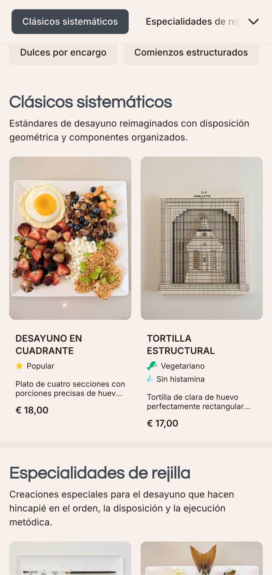 Opciones matinales dispuestas con precisión, con presentación modular y combinaciones de sabores contemporáneas.