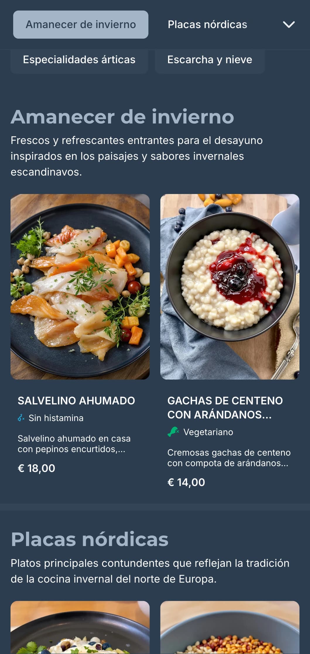 Plantilla azul intenso con toques fríos, inspirada en la estética invernal escandinava para cafeterías contemporáneas.