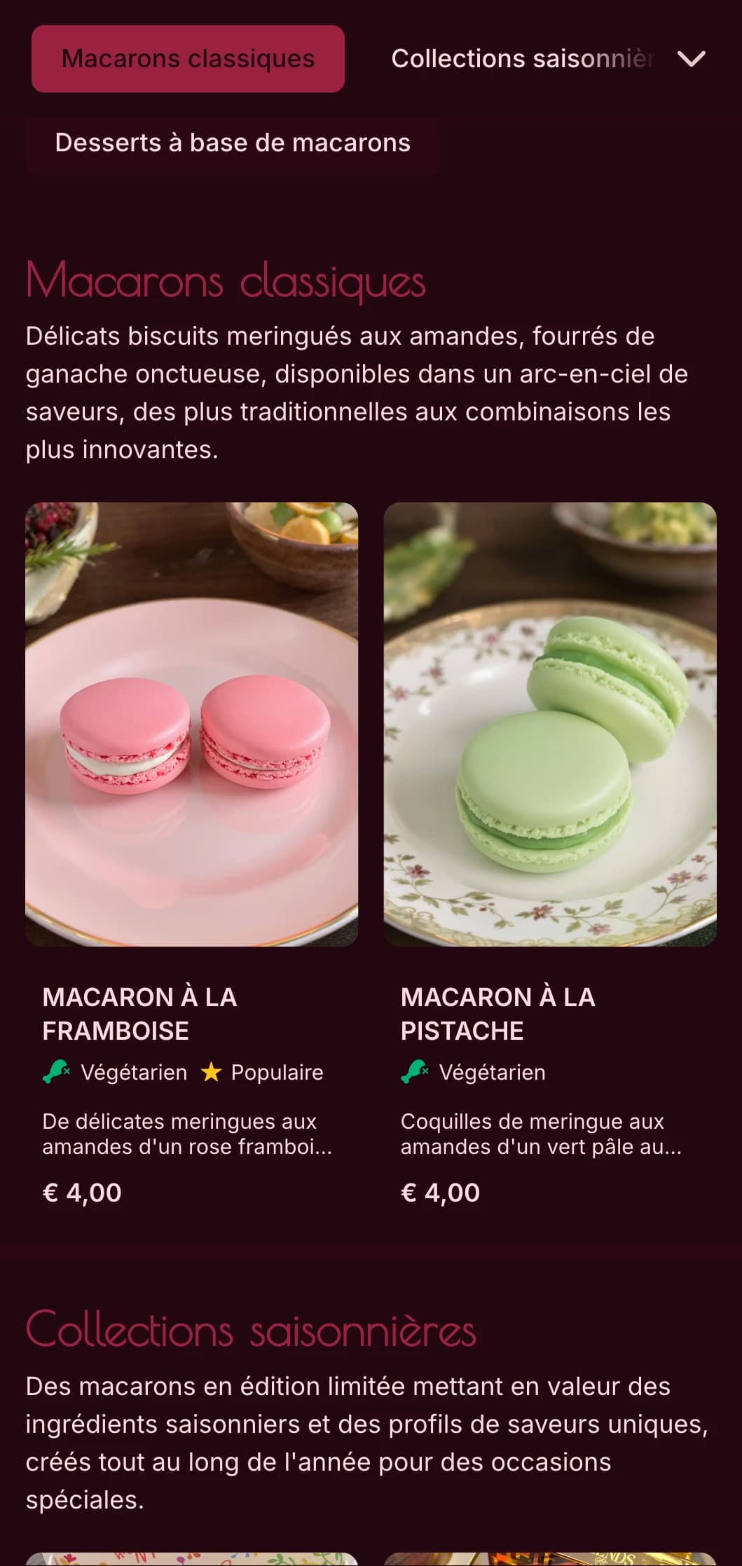 Un menu de boulangerie coloré, axé sur le luxe, avec des tons roses riches et une typographie élégante, idéal pour les spécialistes des macarons et les boutiques de desserts haut de gamme.