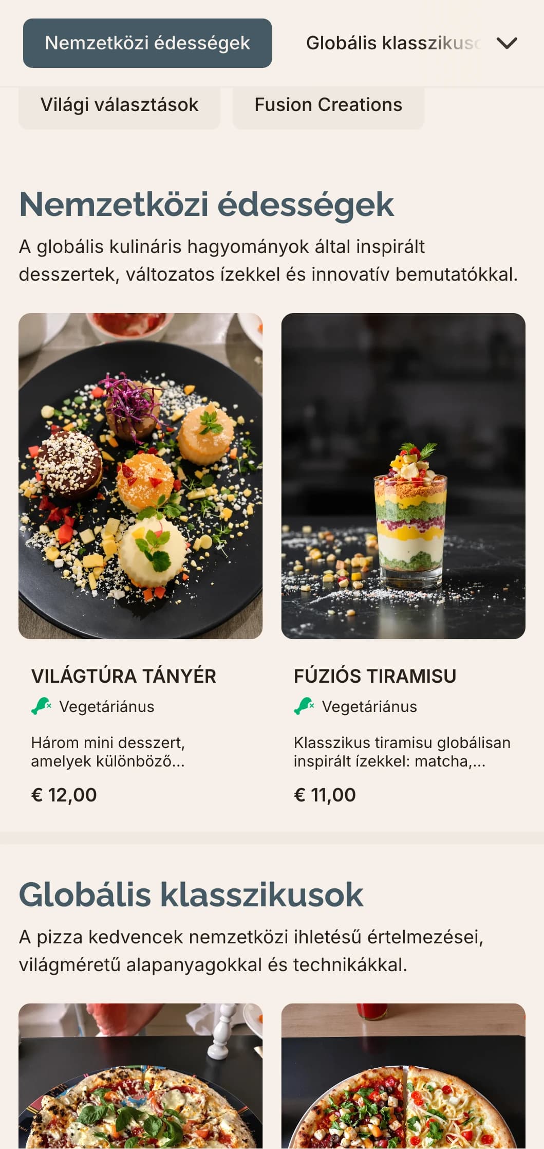 Globális fúziós pizzamenü kortárs dizájnnal az innovatív ízkombinációkhoz.
