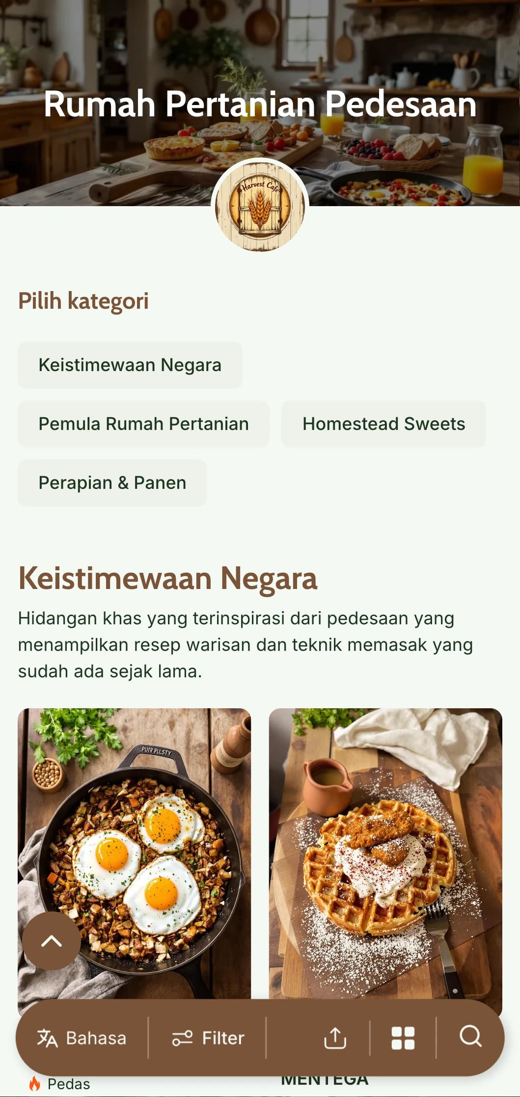 Templat brunch yang hangat dan rustic dengan tekstur kayu dan elemen yang nyaman, ideal untuk tempat makan bergaya pedesaan dan pertanian.