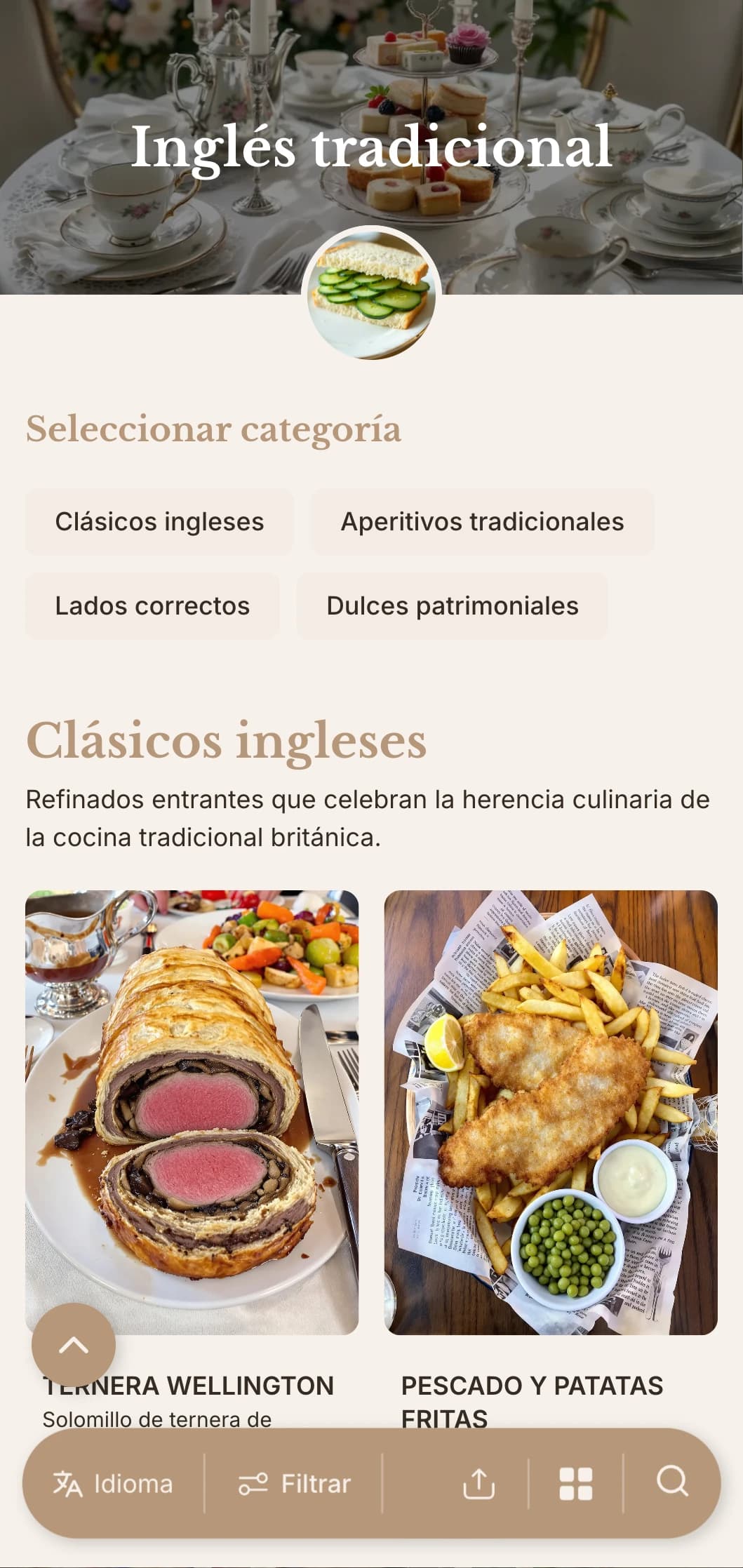 Catering clásico de inspiración británica con recetas tradicionales, servicio adecuado y presentación refinada para eventos de té y reuniones formales.