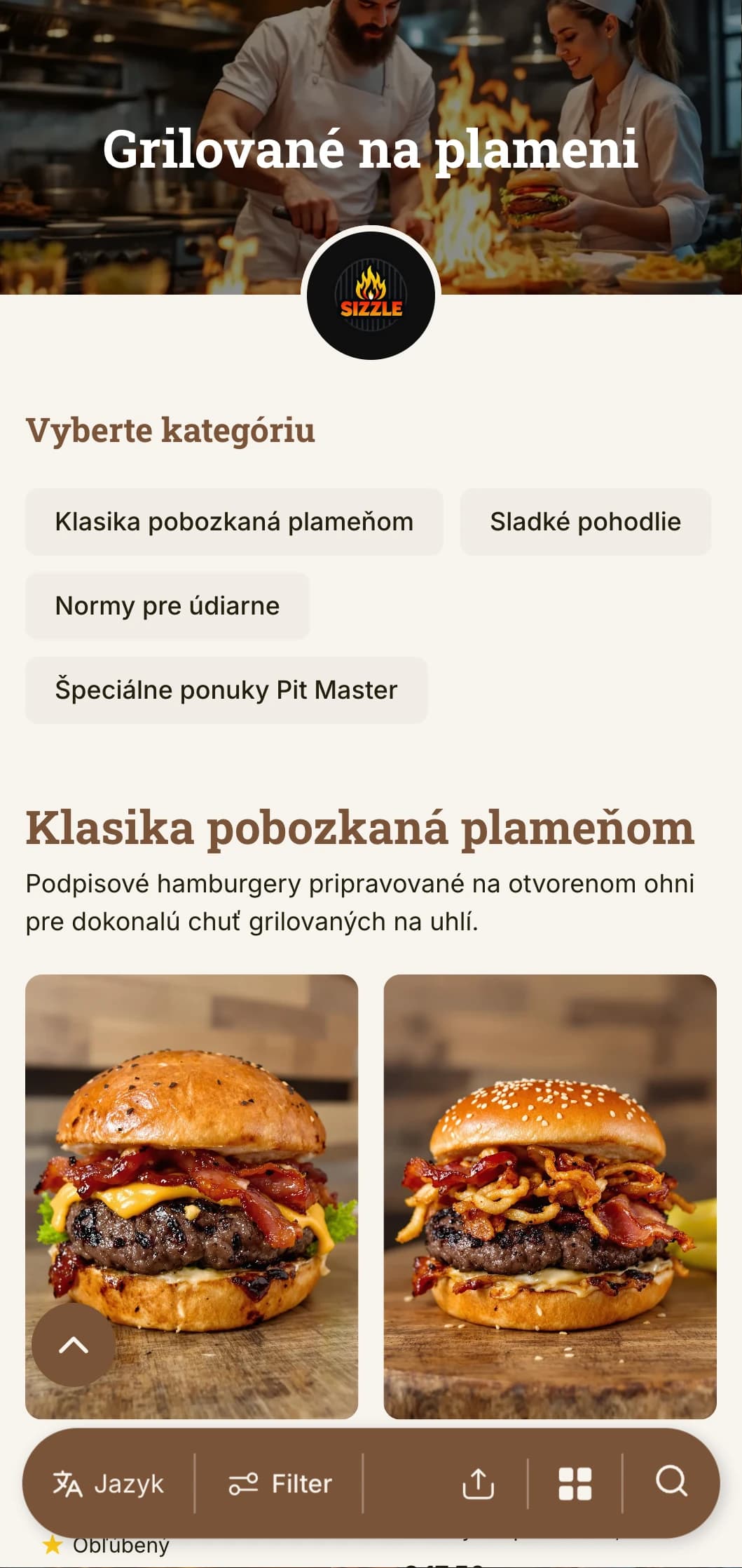 Odvážny dizajn zameraný na gril s teplými tónmi dreva a akcentmi plameňa pre autentický zážitok z burgerov grilovaných na uhlí.