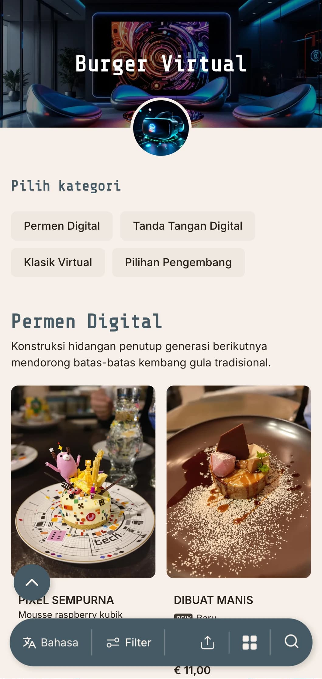 Konsep burger yang terinspirasi dari dunia digital yang merayakan teknologi dan pengalaman virtual.