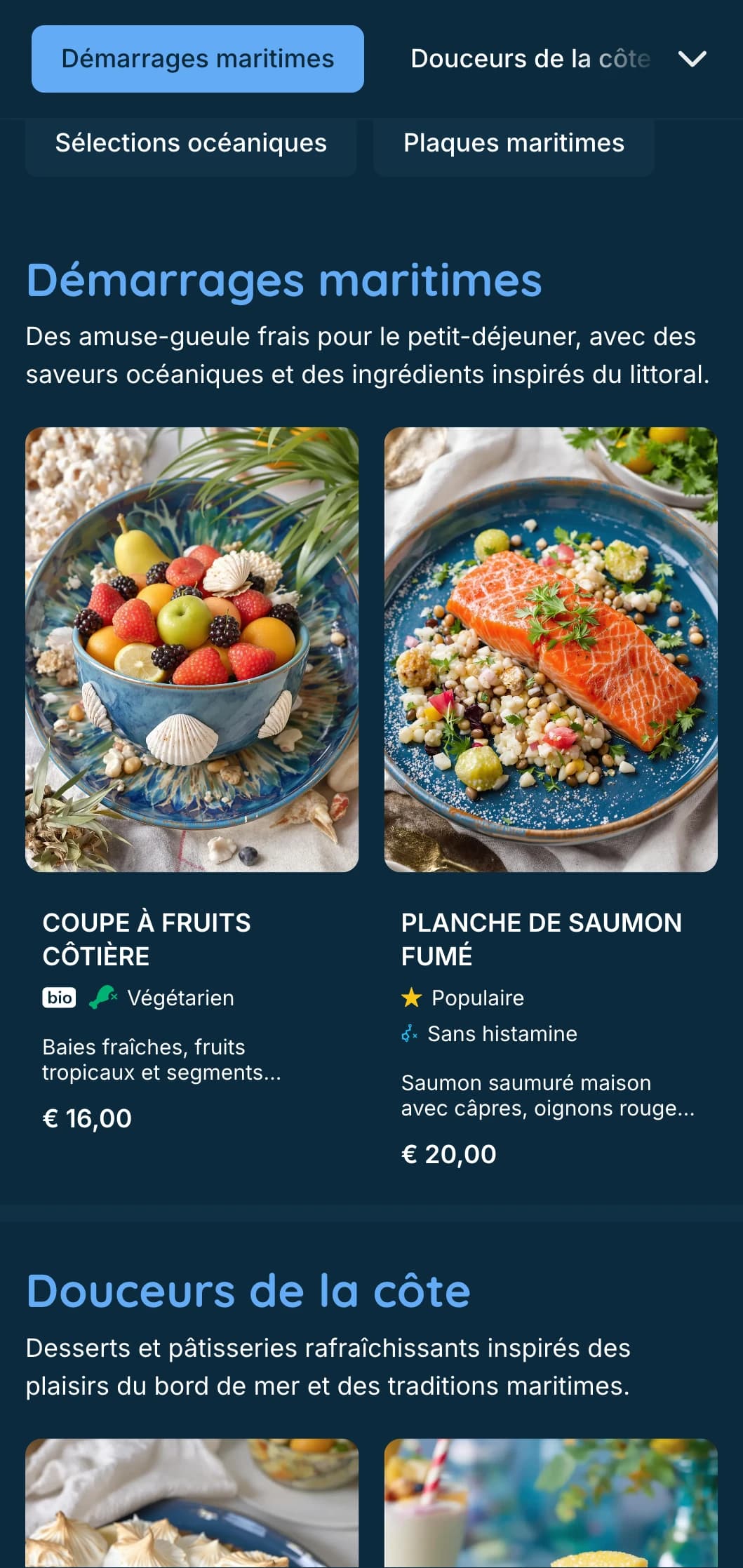 Modèle de brunch frais et maritime avec des tons bleus profonds, idéal pour les brunchs de fruits de mer et les établissements de bord de mer.