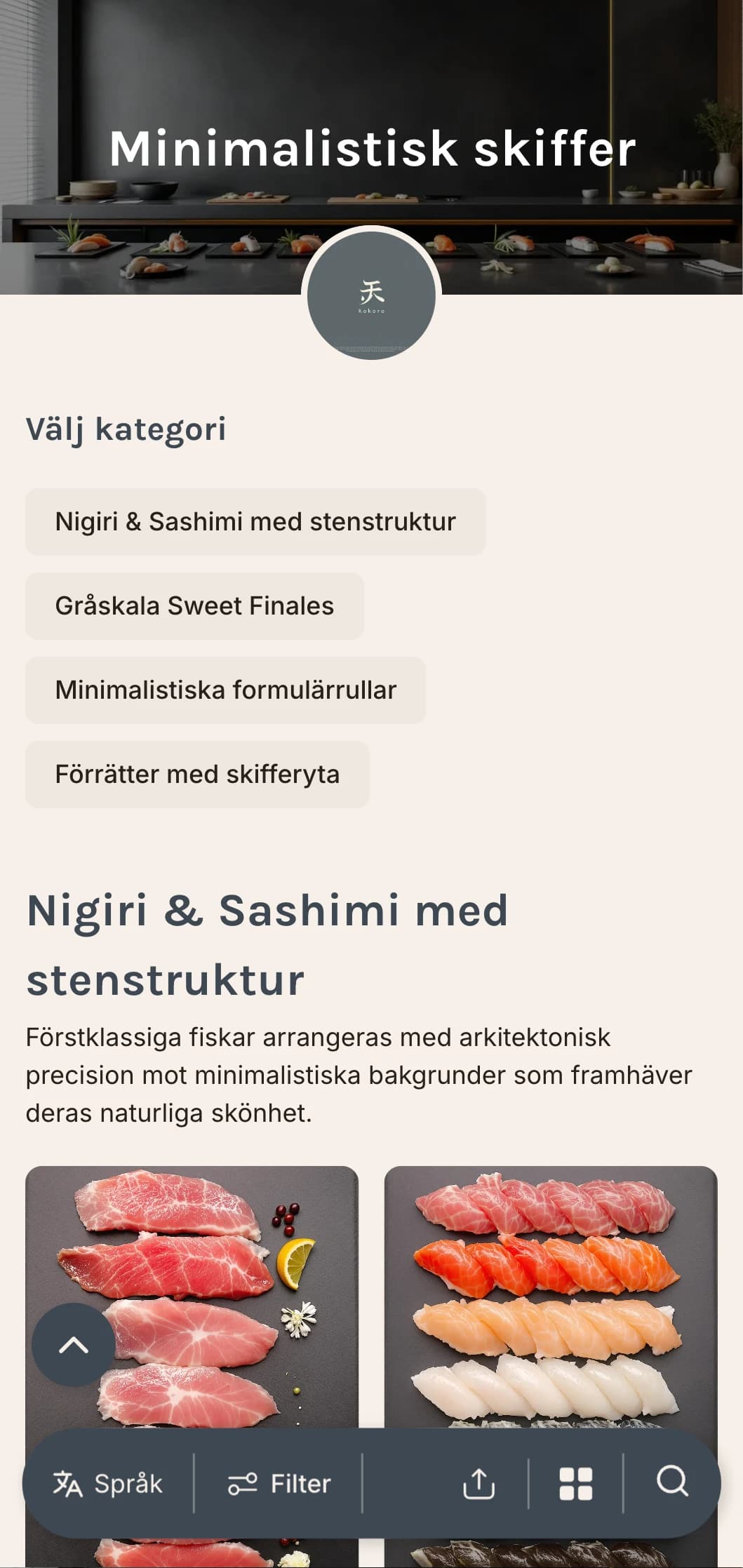 Ren, modern sushimeny med skiffergrå toner och minimalistisk design för exklusiva, avslappnade lokaler.