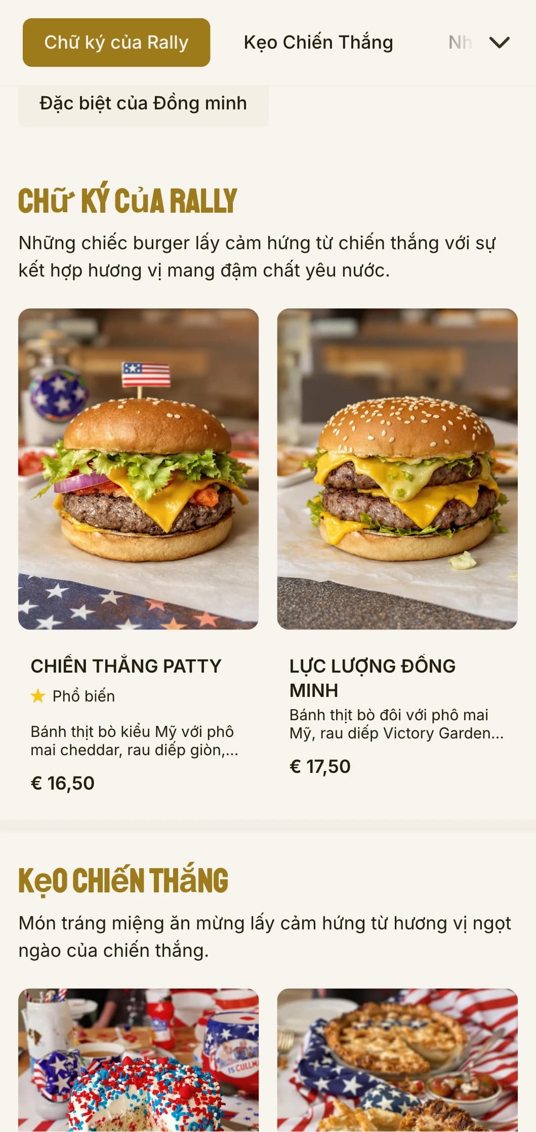 Quán ăn burger lấy cảm hứng từ thời Thế chiến thứ II với khu vườn chiến thắng và các yếu tố yêu nước.