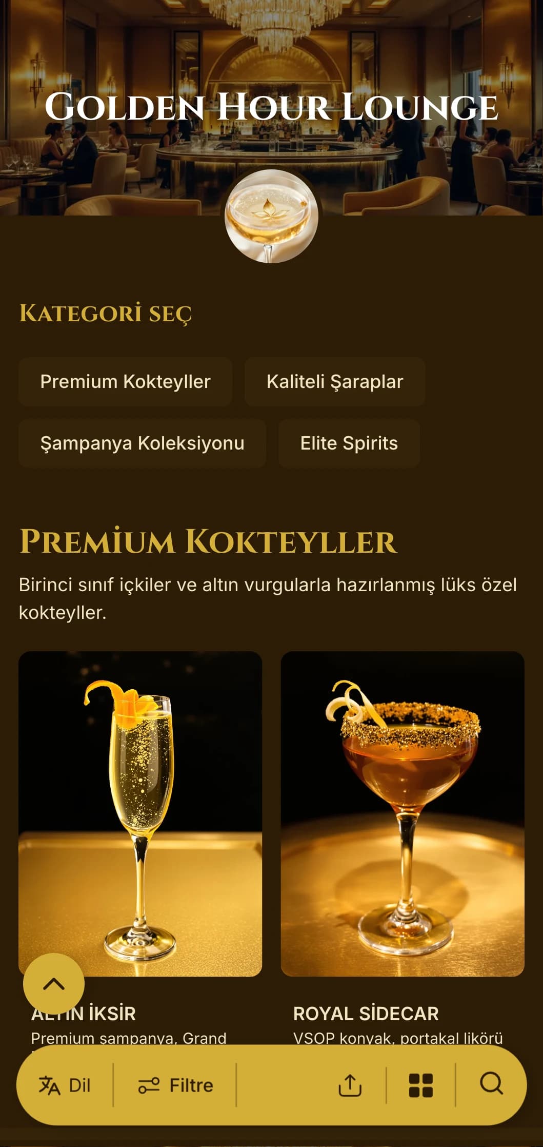 Birinci sınıf kokteyl barları ve VIP salonları için lüks altın tonlu tasarım.
