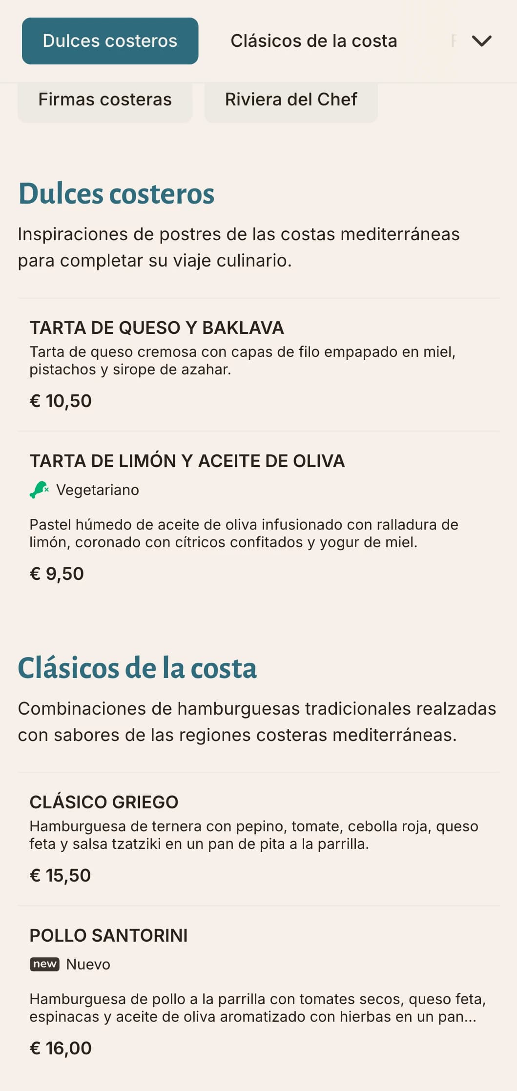Carta de hamburguesas de inspiración costera con toques azules mediterráneos e ingredientes frescos.