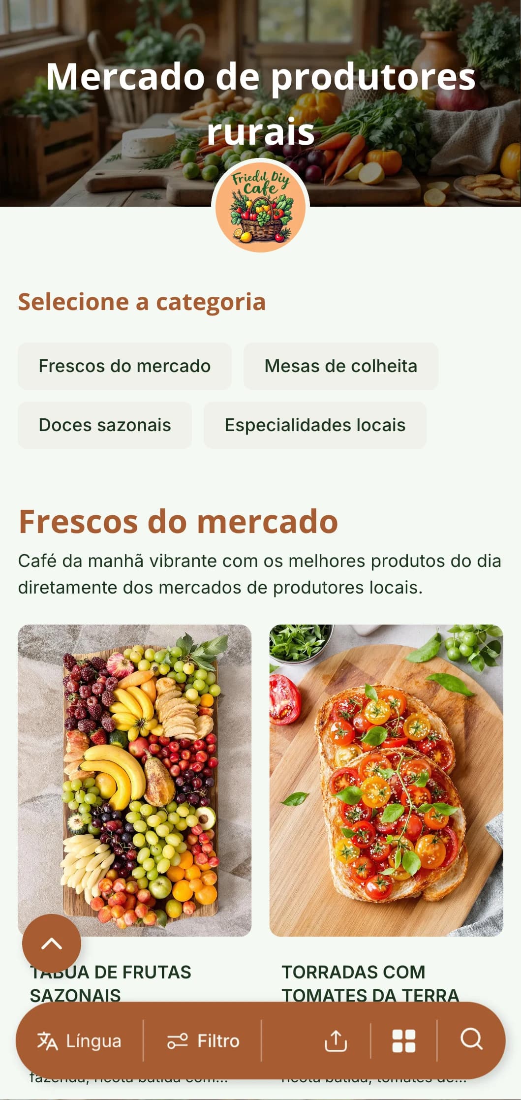 Modelo de brunch fresco e sazonal com elementos rústicos, perfeito para cafés com produtos locais.
