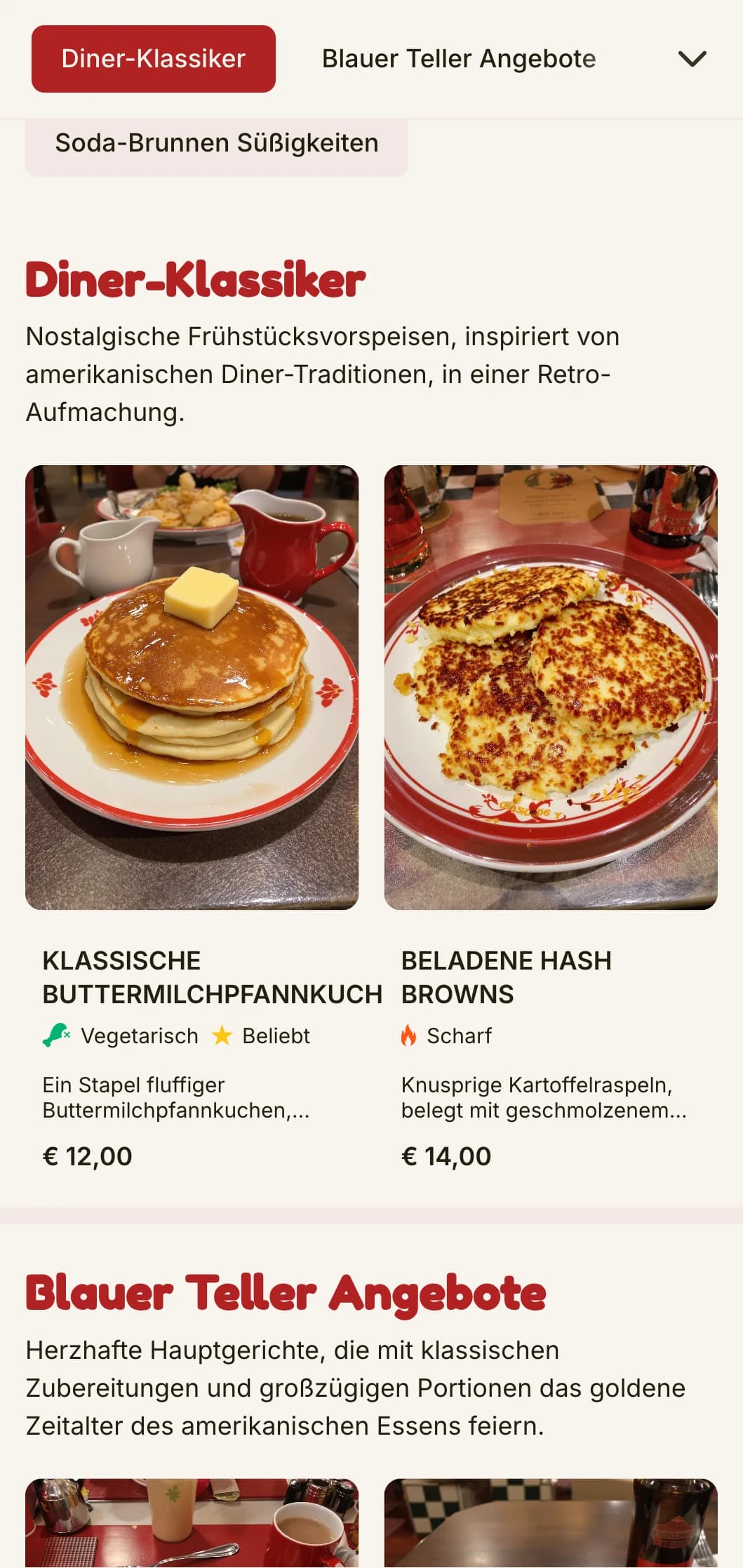 Retro-inspirierte Brunch-Vorlage mit klassischer amerikanischer Diner-Ästhetik, ideal für nostalgische Frühstückslokale.
