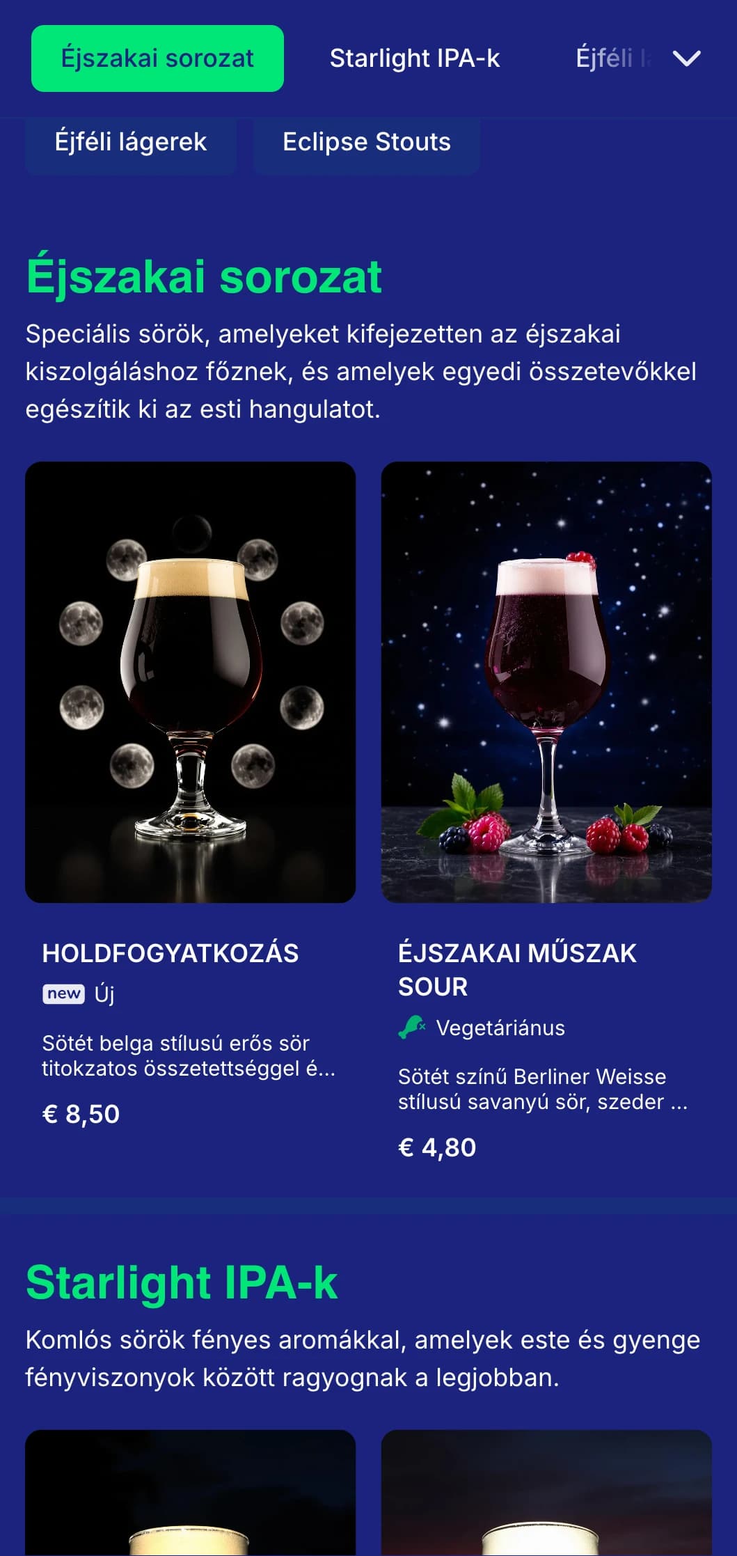Sötét és titokzatos design éjkék tónusokkal és holdi elemekkel, ideális az estére összpontosító létesítmények és éjszakai sörfőzdék számára.
