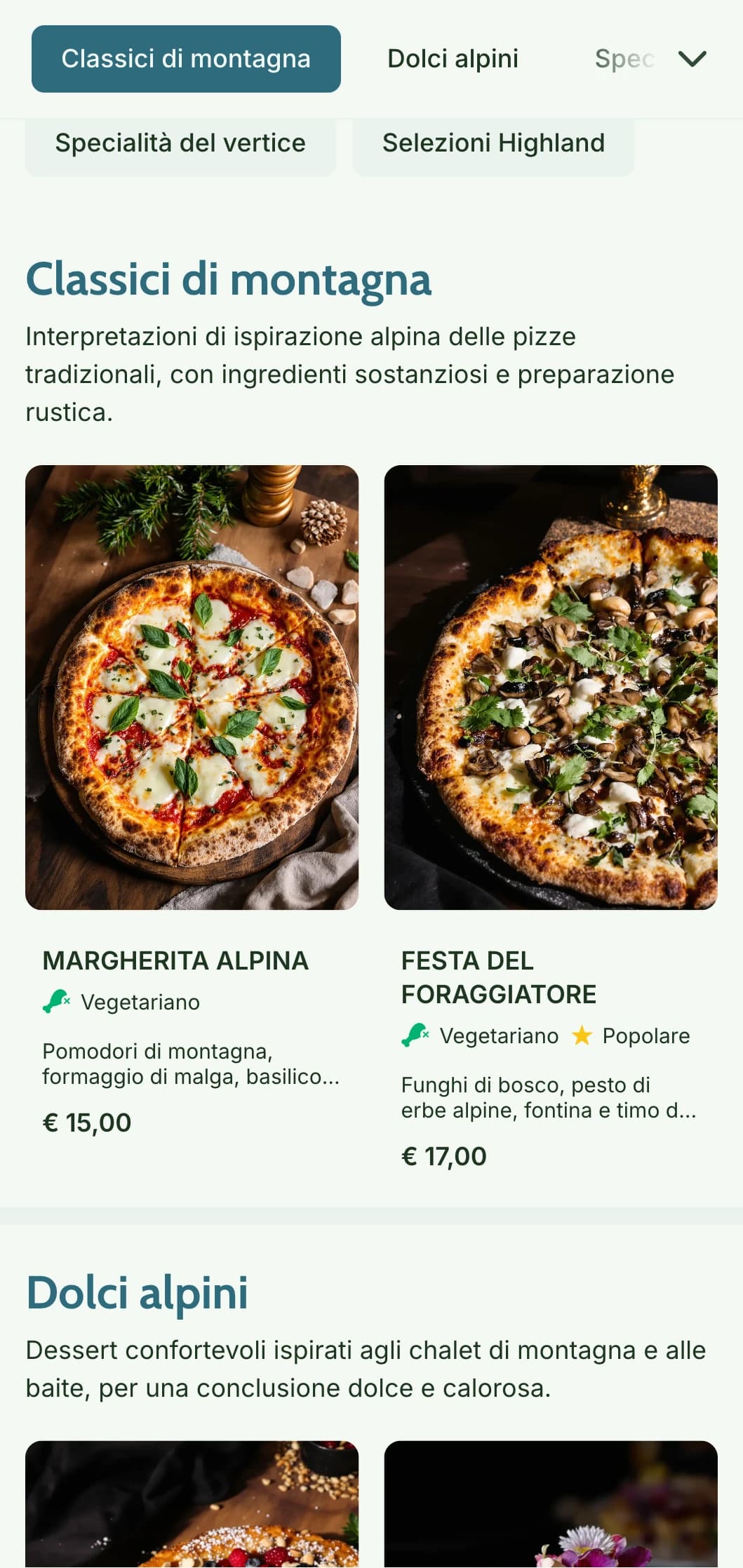 Menu di pizza di ispirazione montana con elementi naturali ed estetica rustica alpina.