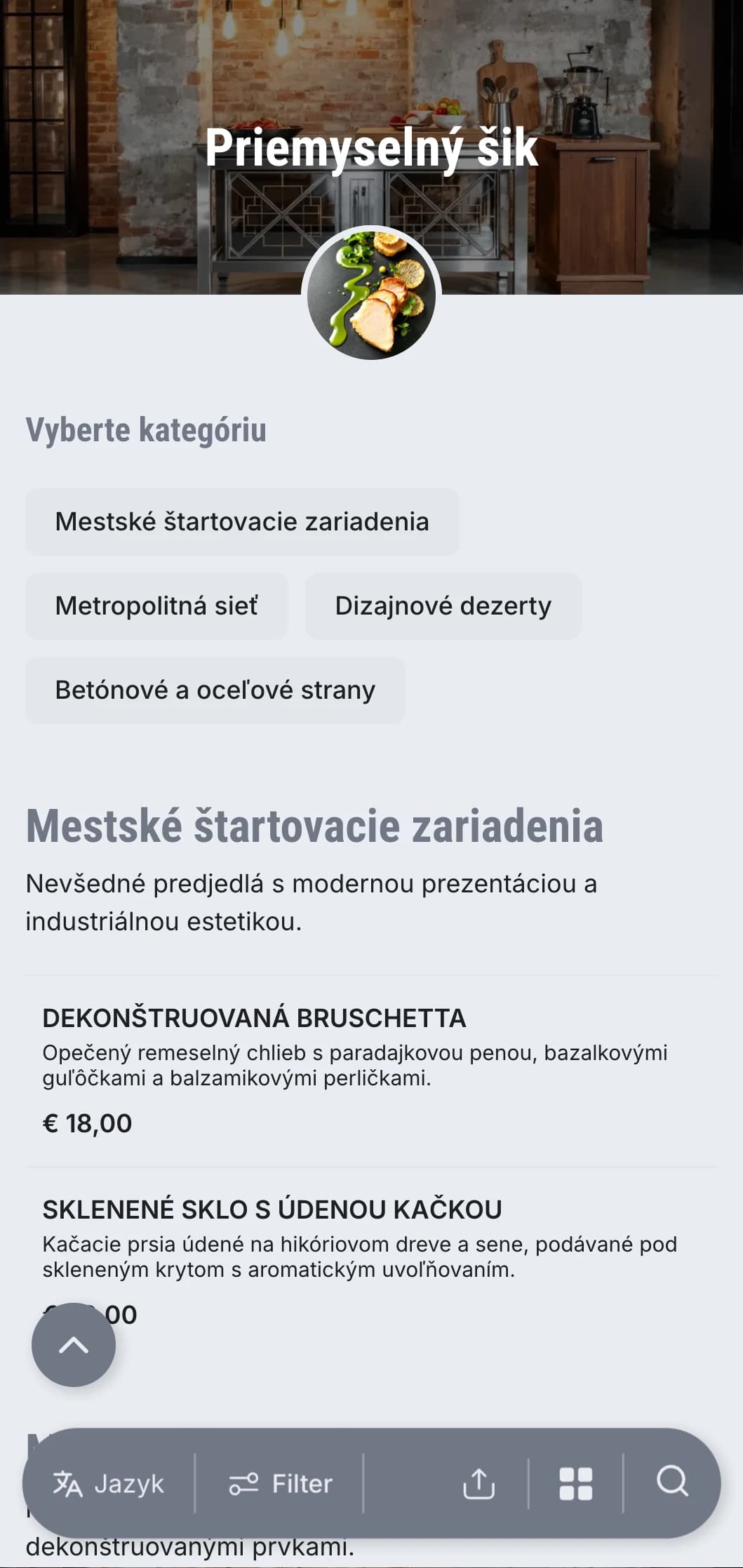 Drsná, drsná prezentácia cateringu s modernou mestskou estetikou, kovovými prvkami a betónovými textúrami na podujatia v skladoch a vernisáže galérií.