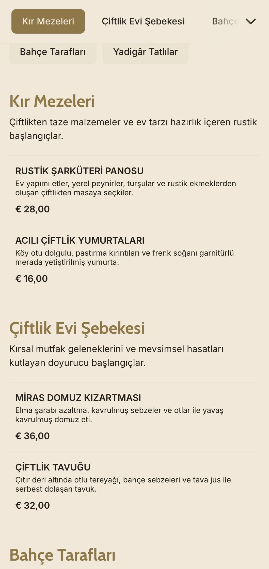 Kırsal kutlamalar için yerel mevsimlik malzemeler, aile tarzı hizmet ve kırsal cazibe içeren sağlıklı çiftlikten sofraya yemek servisi.